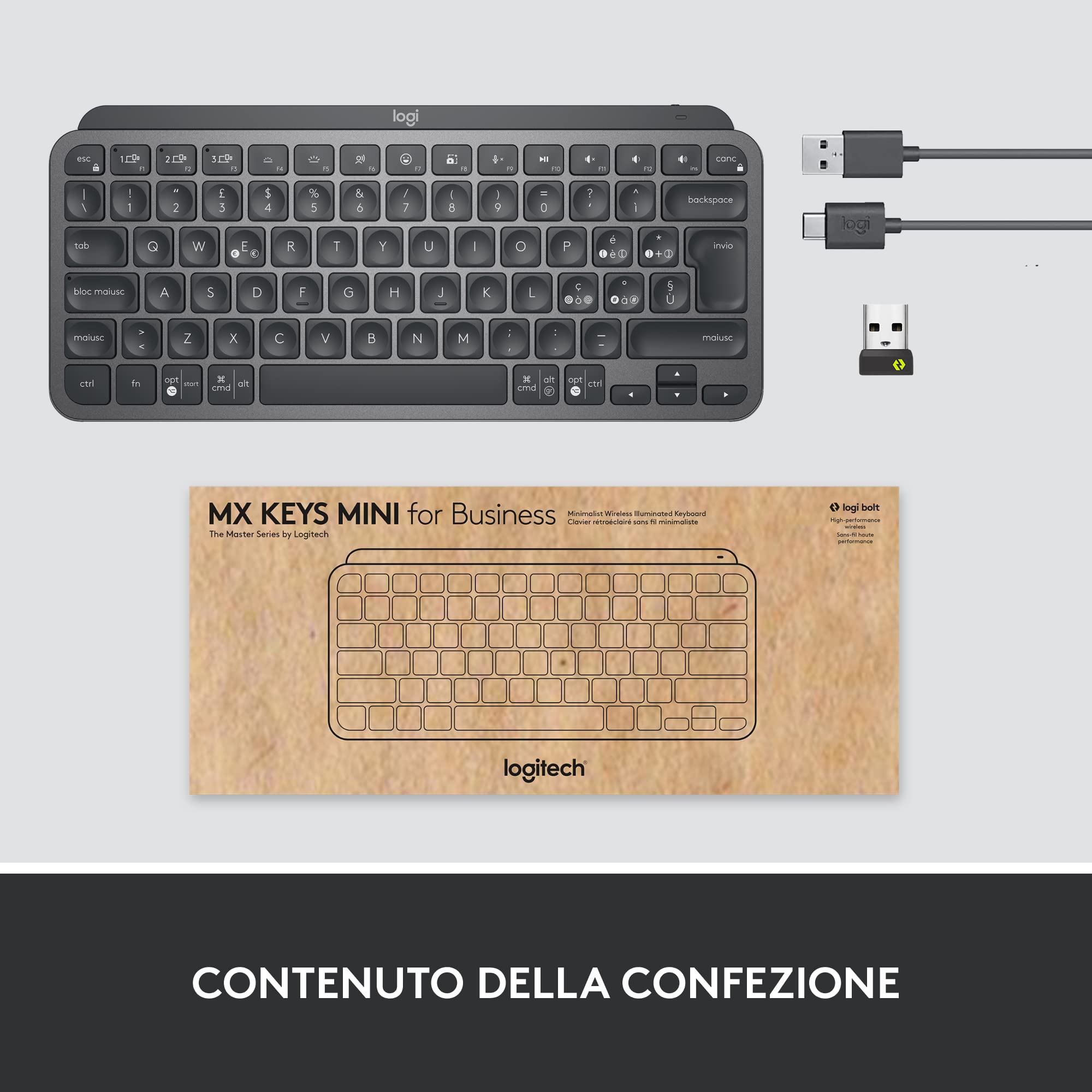 Logitech MX Keys Mini for Business tastiera wireless illuminata | Compatta, tecnologia Logi Bolt, retroilluminazione, ricaricabile, Windows/Mac/Chrome/Linux, Italiano QWERTY - Grigio