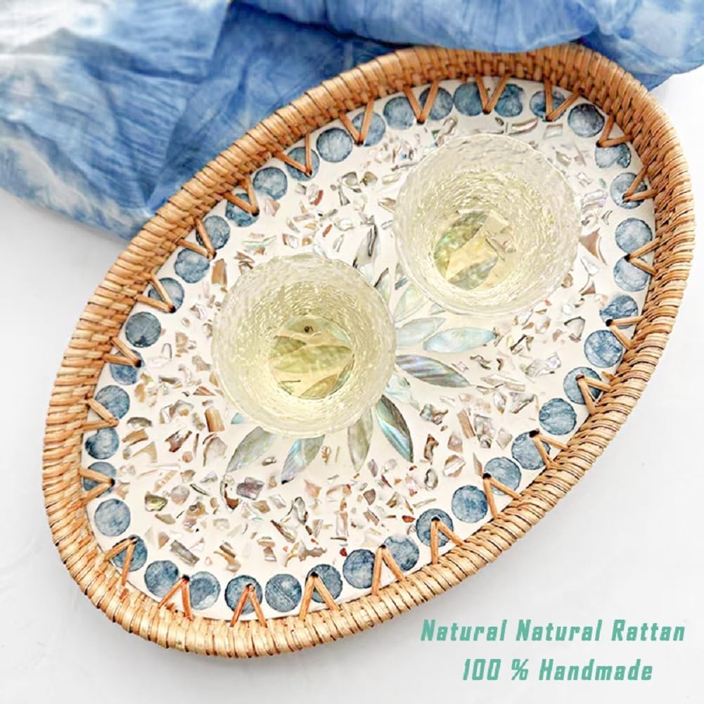 14.5 Inch Serving Tray for Coffee Table Ottoman Décor Tray for Living Room Mother of Pearl Inlay Rattan Centerpiece Tray for Candle Holder, Flower, Coffee, Bread, Fruit (Large) - Image 3