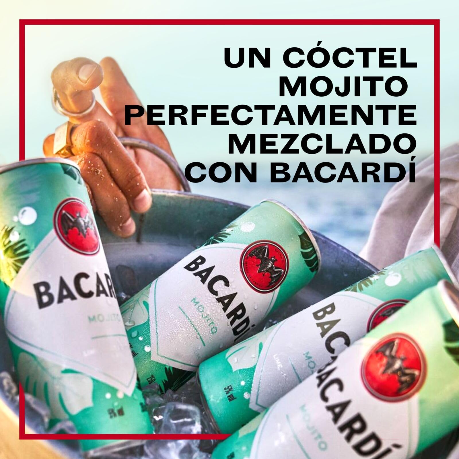 BACARDÍ Mojito es un cóctel enlatado, ALC. 5%, 12 x 25 cl / 250 ml, listo para beber, elaborado con ron BACARDÍ Carta Blanca y mezclado con lima y hierbabuena