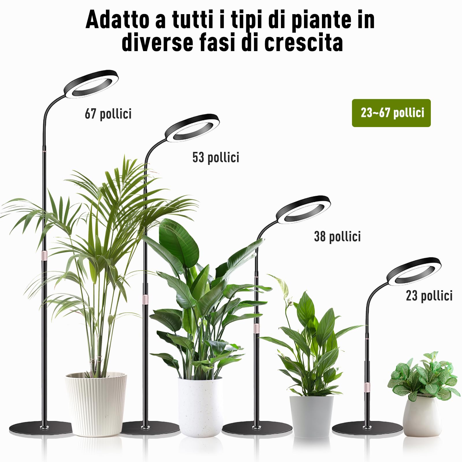 Lampada per Piante a LED, Spettro Completo 380-800nm con Timer 6/12/16H, 3 Modalità Luce & 10 Livelli Luminosità, Altezza Regolabile 57-170cm, Grow Light per Piante da Interno, Include Timer