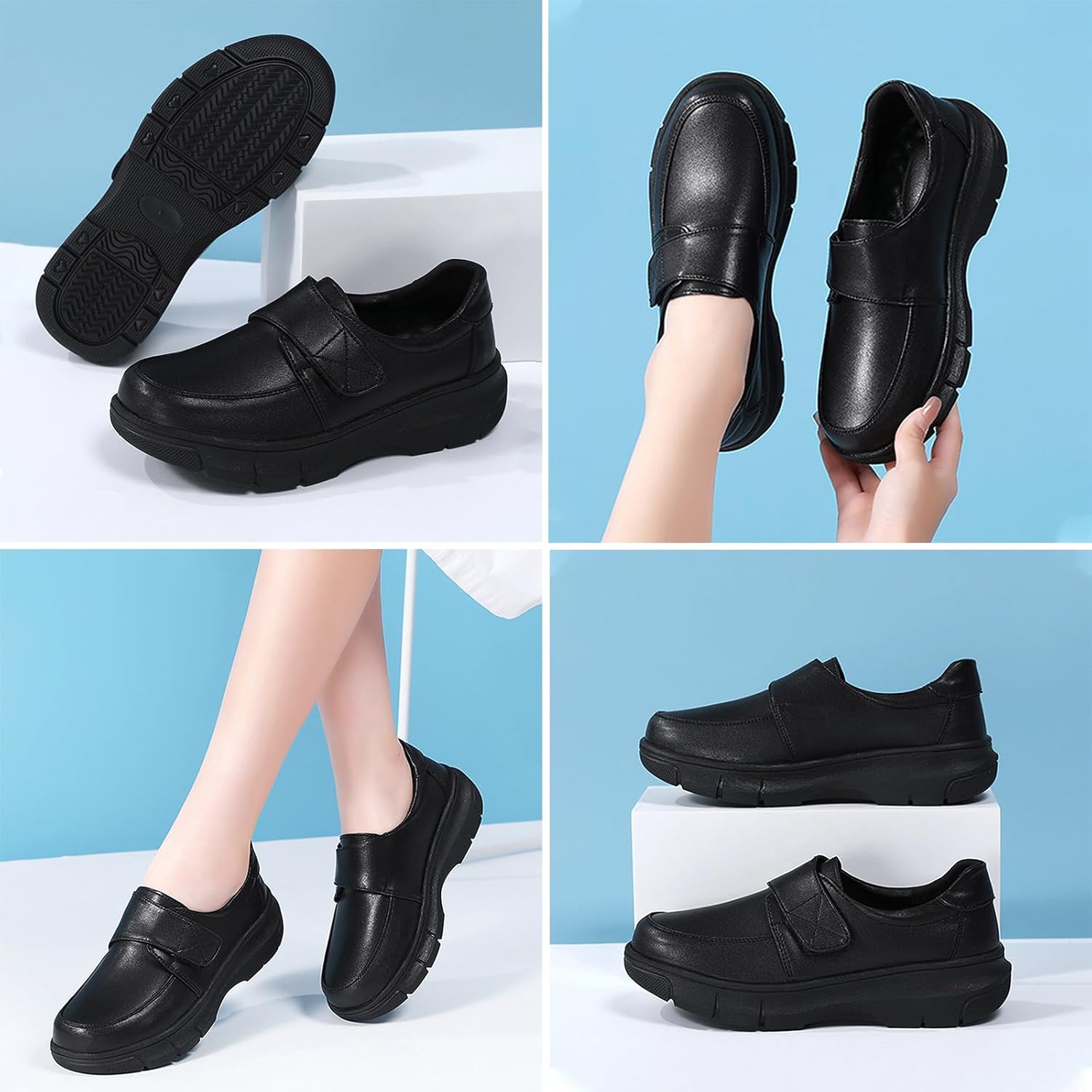 Aceptolcom Women Leather Nurse Shoes Comfortable Lightweight Breathable Adjustable Strap Non Slip Work Shoes Slip Resistant Healthcare Shoes