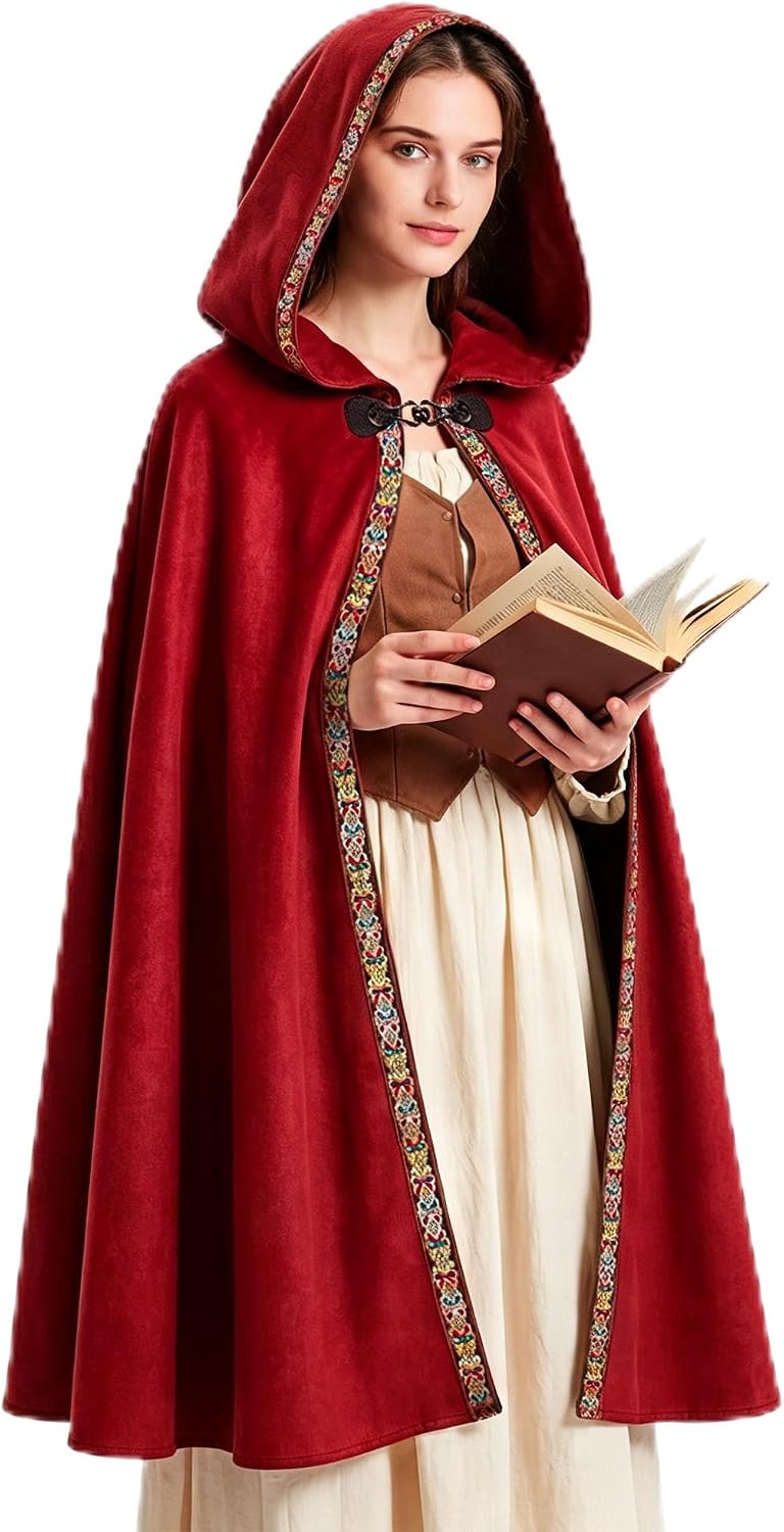 Medieval Cloak with Hood Halloween Renaissance Hooded Cape for Man and Women， Witch Dress Up Costume for Adult Party