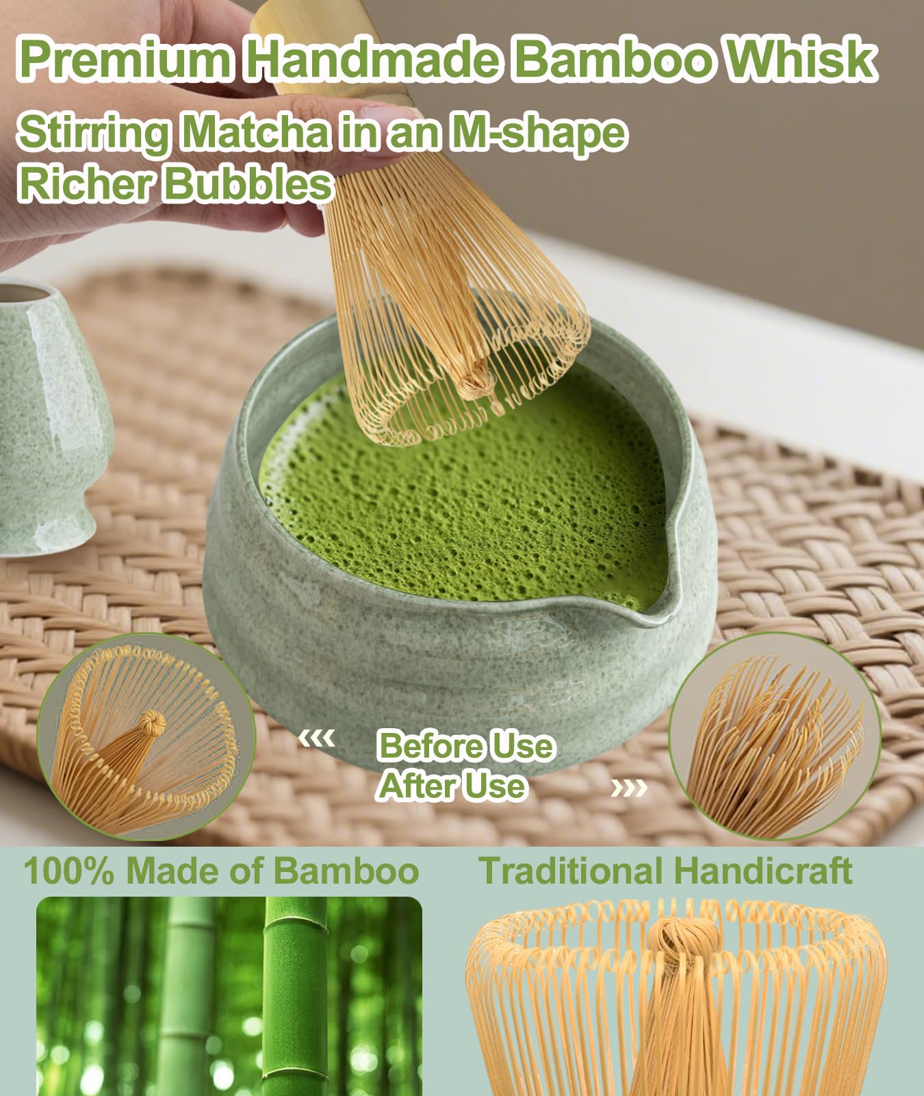 JBER Matcha Kit 7 Piezas - Kit Té Matcha de Ceremonia Japonesa con Tazón con Pico, Batidor de Bambú Chasen y Accesorios Completos, el Juego de Matcha Perfecto para Amantes del Té Matcha, Verde Matcha