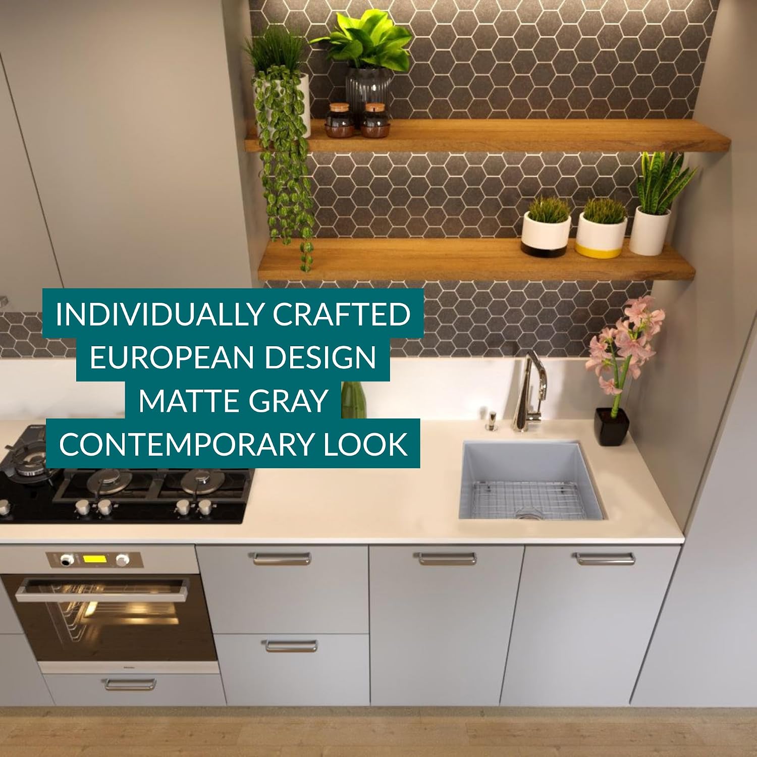 Bar Sink – 16" Small Kitchen Sink, Square Gray Fireclay Undermount or Topmount, for Wet Bar, Single Bowl, Basin Grid Included – Made in Europe, Heat & Scratch Resistant HP-FC16GR