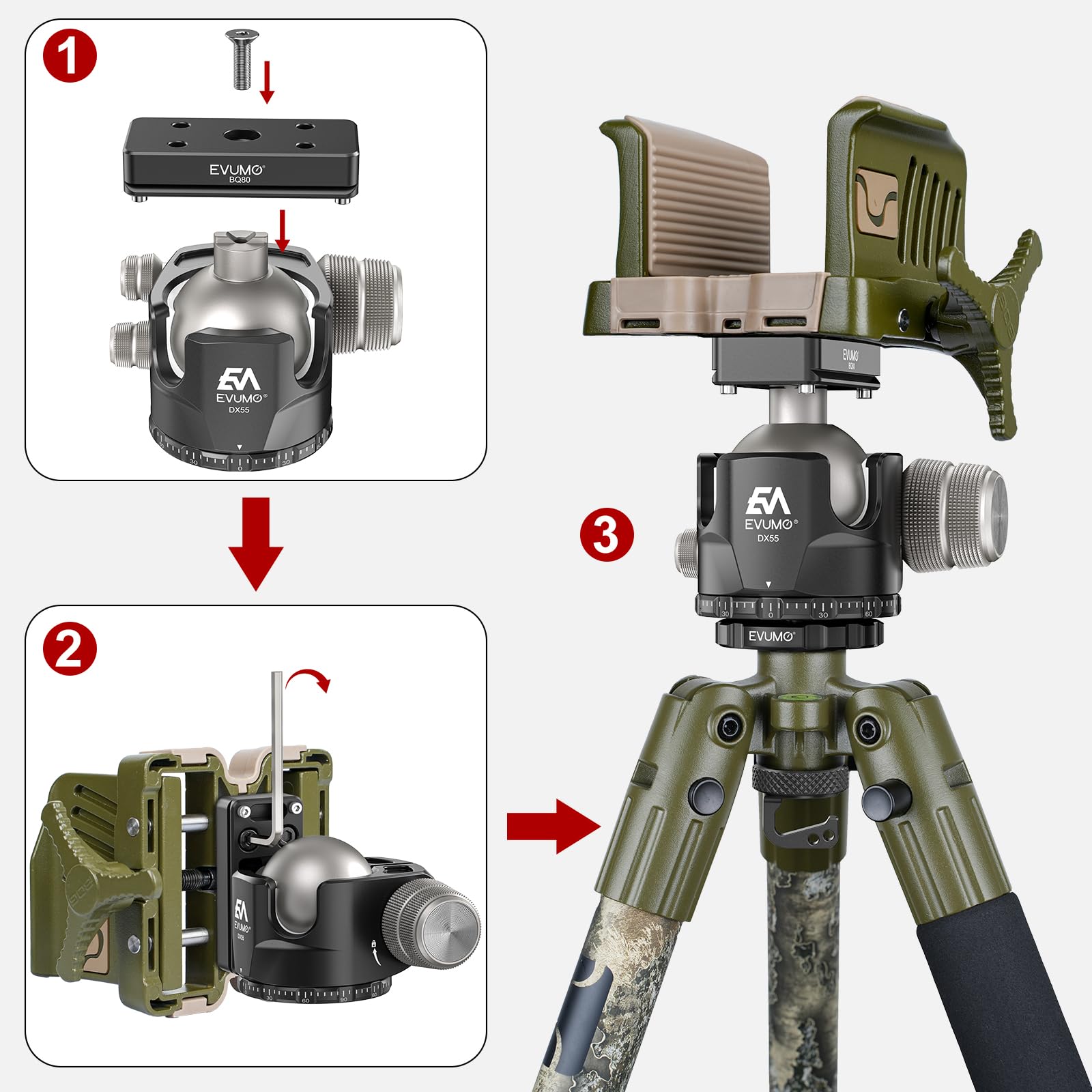 EVUMO Kugelkopf Umrüstsatz für BOG DeathGrip Stativ, ARCA Kugelkopf Konverter Adapter und Arca Swiss Sattelmontageplatte, nur kompatibel mit dem BOG DeathGrip Stativ