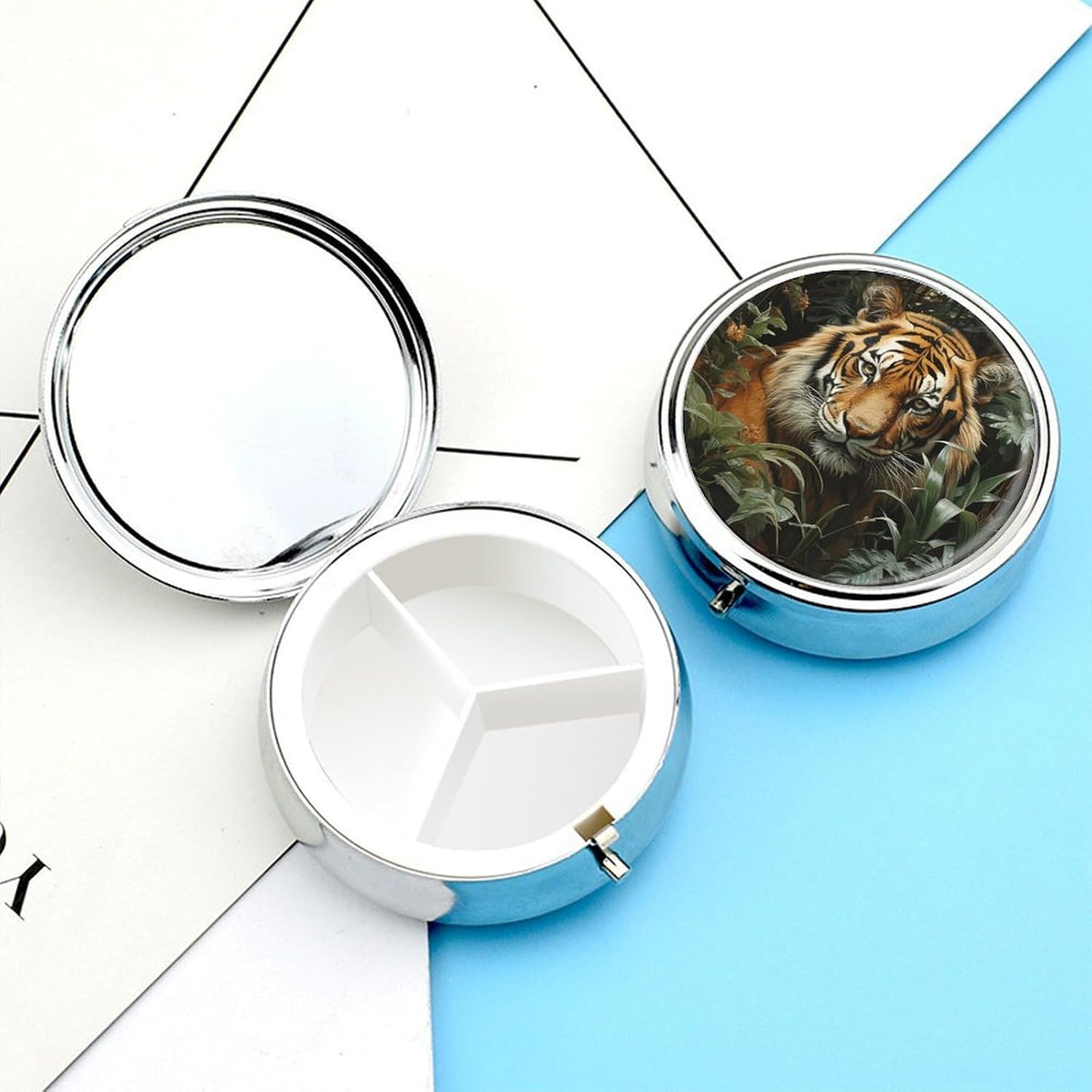 Round Silver Pill Box Small Pill Case for Purse and Pocket 3 Compartment