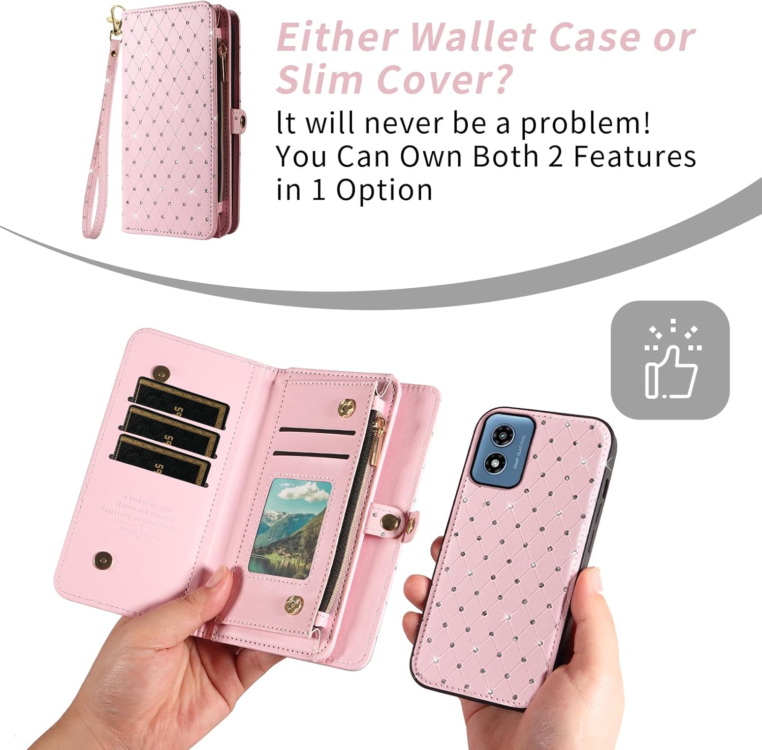 Asuwish Phone Case for Motorola Moto G Play 2024 4G Zipper Wallet Detachable Cell Cover with Tempered Glass Screen Protector Strap Glitter Flip Card Holder Slot XT2413V XT2413-1 64GB Women Girls Pink