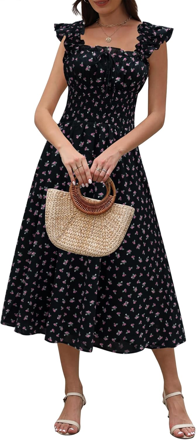 ZTMZA Women's 2026 Summer Flowy Maxi Dresses Casual Ruffle Sleeve Square Neck Smocked Waist Beach Vacation A Line Long Dress