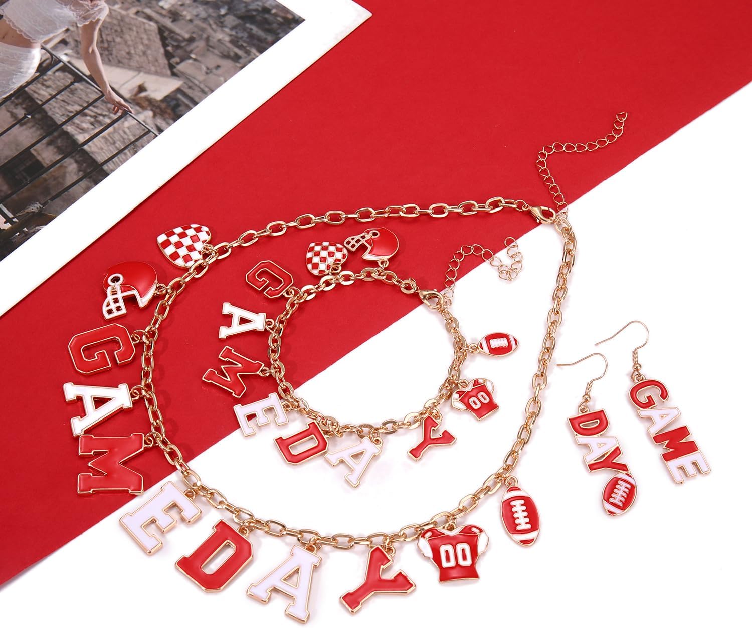 Football Necklace Bracelet Earrings for Women Game Day Jewelry Set Outfits Football Cheer Mom Accessories Essentials Gear Fall Sports Must Haves Gifts image 2