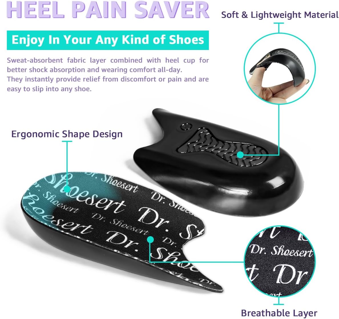 Dr. Shoesert Heel Cups Cushion for Achilles Tendonitis, Heel Spurs and Plantar Fasciitis, Shock Absorption Orthotic Inserts Heel Pain Relief for Men and Women image 5