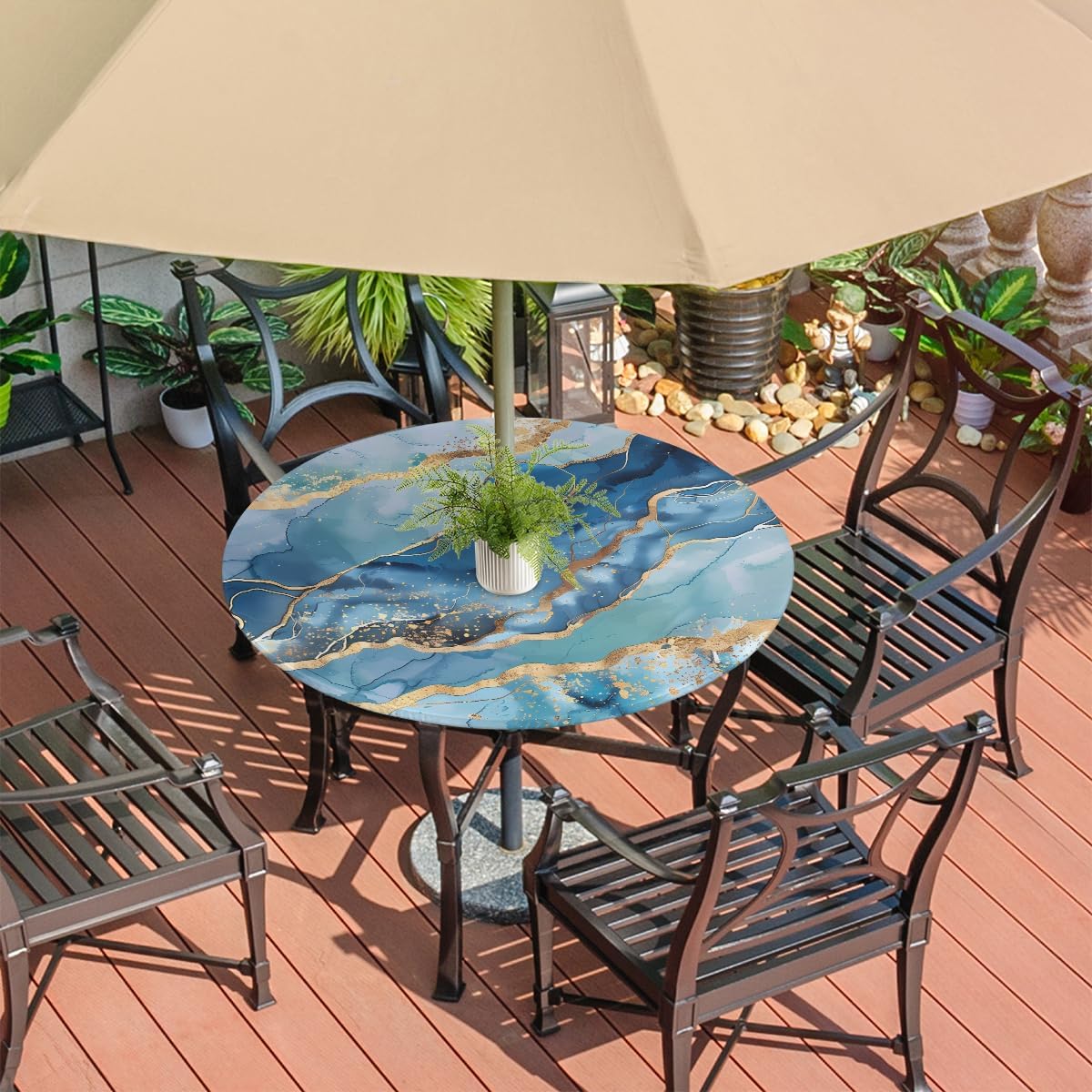 OSAM SPACE Outdoor Tablecloth with Umbrella Hole, Round Elastic Fitted Table Cloth with Invisible Zipper,Abstract Liquid Teal Blue Marble Picnic Patio Table Cover 36-44in