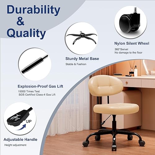 Miniatura 7 de Misolant Silla de tocador con respaldo, pequeña silla de oficina sin brazos con ruedas y soporte lumbar, cómodas sillas de escritorio de piel