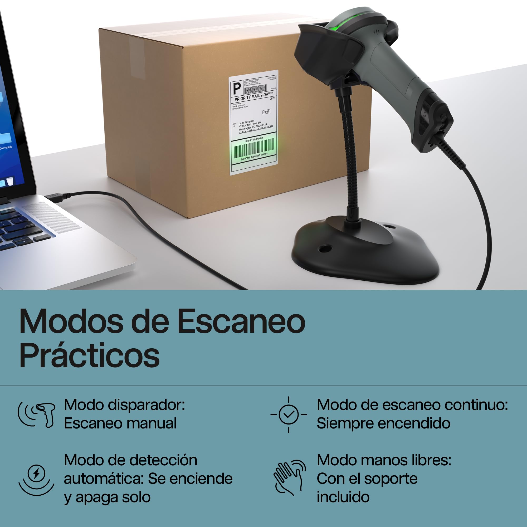 Safescan 330-W - Escáner de códigos de Barras Que escanea códigos 1D y 2D - Escáner para códigos dañados y de Color - con Cable USB - Escáner de códigos QR - Plug & Play - Incluye Soporte