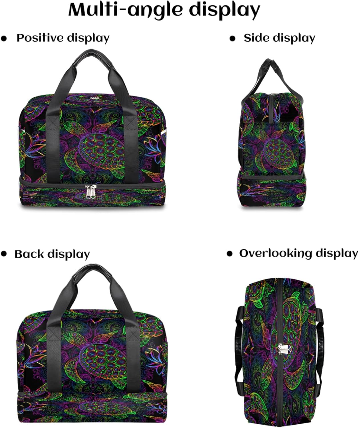 Sea Turtle Duffel Bag, Turtle Lotus Mandala Sports Tote Gym Bag with Wet Pocket & Shoes Compartment Carry On Luggage Bag Weekender Overnight Bag Travel Bags for Men Women - Image 4