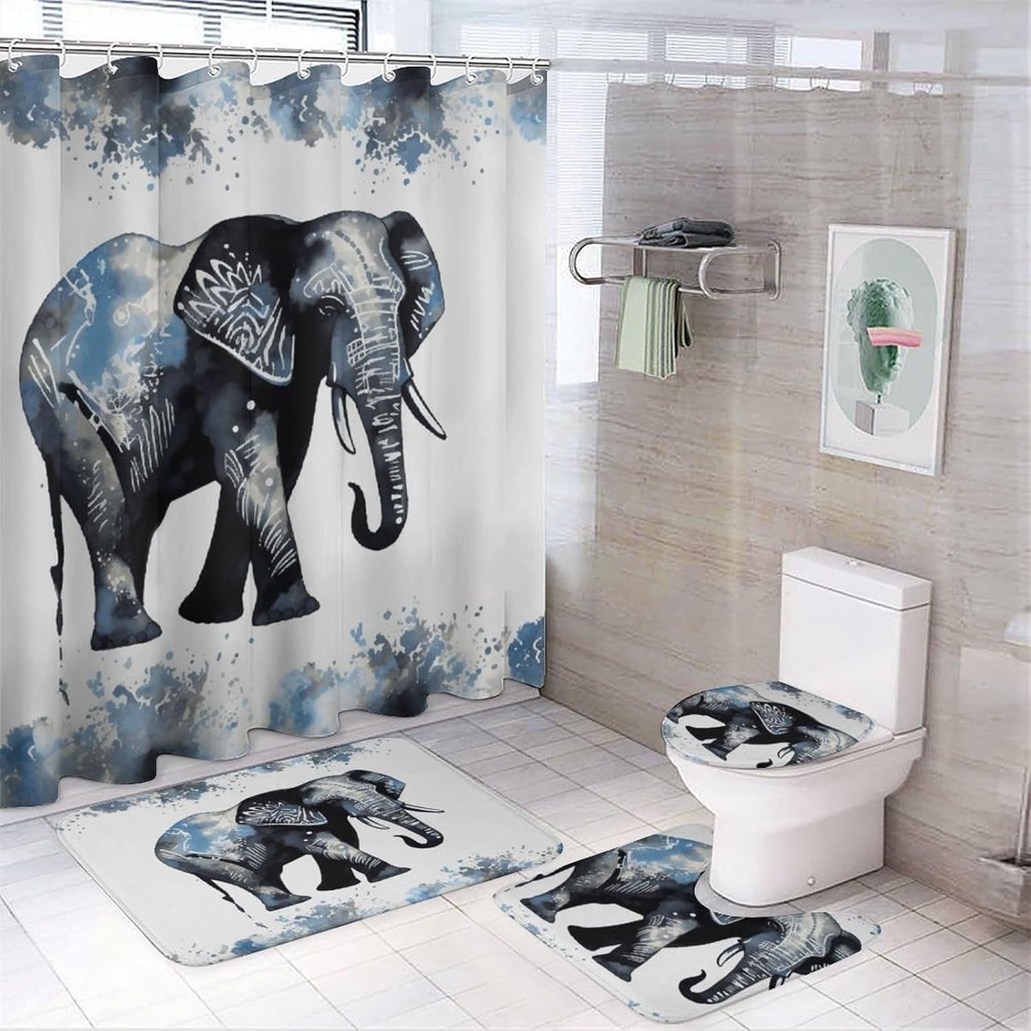Elephant-Blue Black 4Pcs Shower Curtain Set with Non-Slip Rugs, Toilet Lid Cover and Bath Mat,Bathroom Set Decor Accessories,Curtain Set with 12 Hooks, 72 X 72 Inch