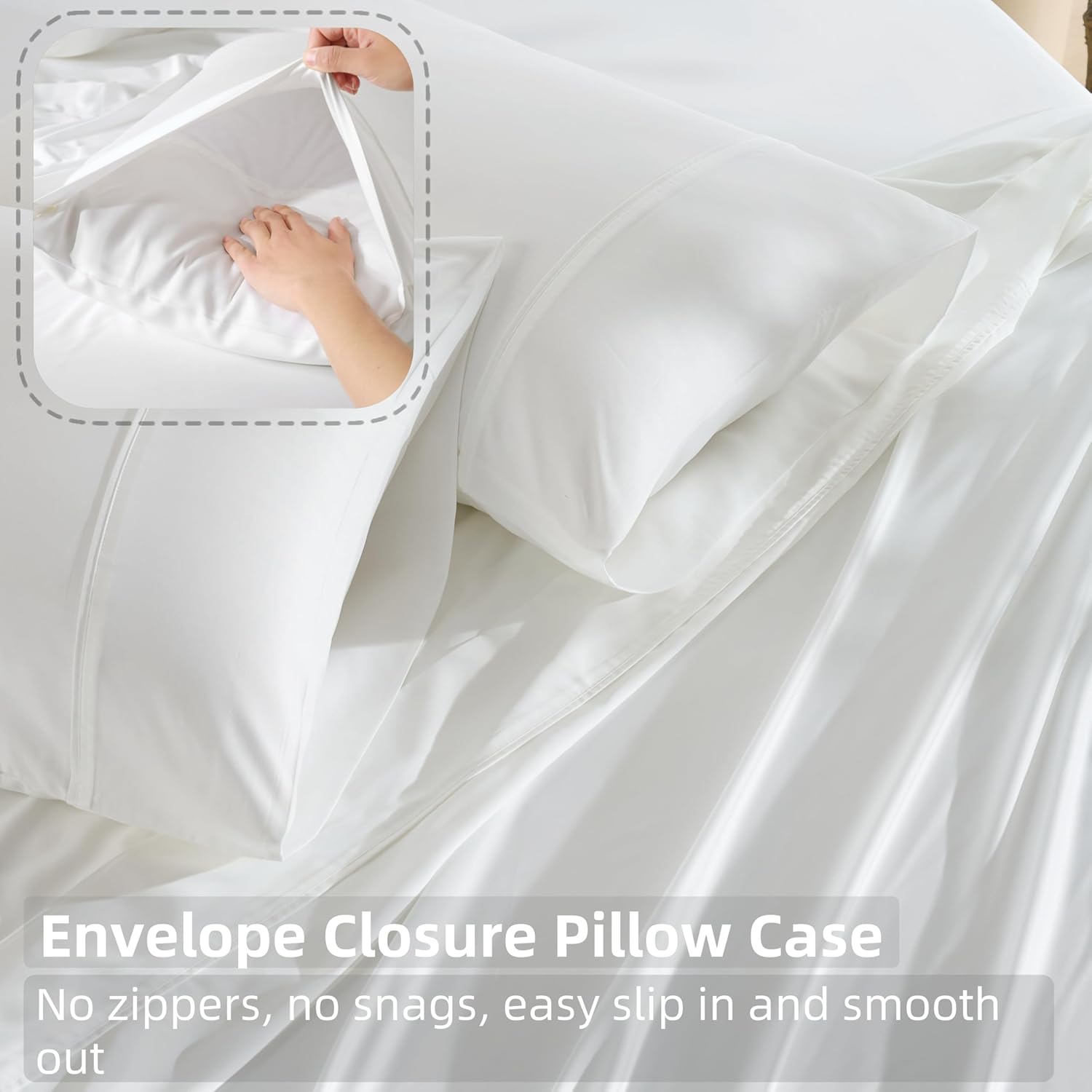 GOKOTTA King Size Bed Sheets 4 Piece Set, 100% Rayon Derived from Bamboo, Cooling for Hot Sleepers-Luxury Breathable Soft Sheets, Deep Pocket 16" Fitted Sheet with Elastic Corner Straps, Cream White - Image 8