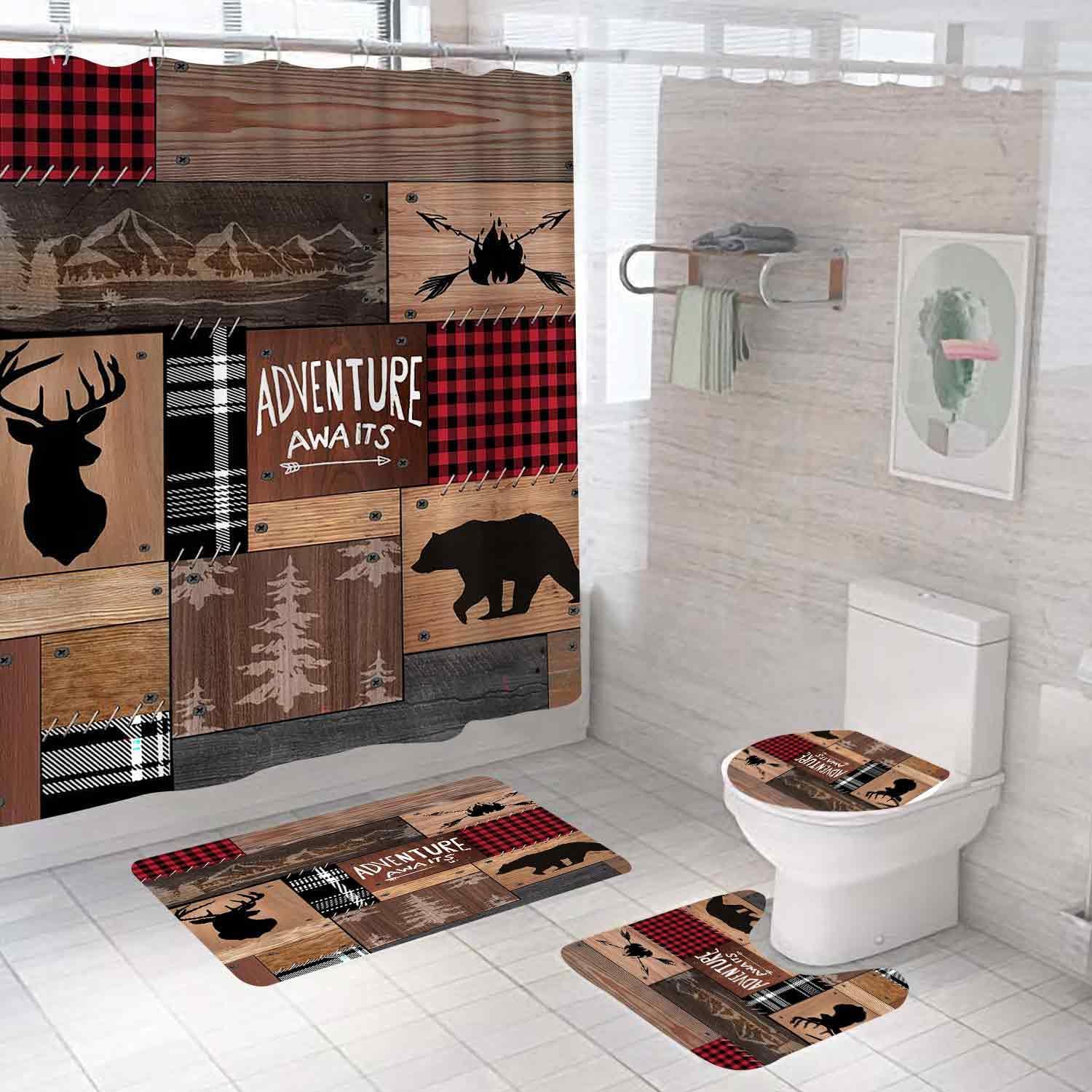 4PCS Black Bear Deer Shower Curtain Sets with Rugs, Waterproof Fabric Shower Curtain Patchwork Brown Plaid Elk Moose Wildlife Forest Hunting Lodge Country Farmhouse Rustic Cabin Bathroom Decor