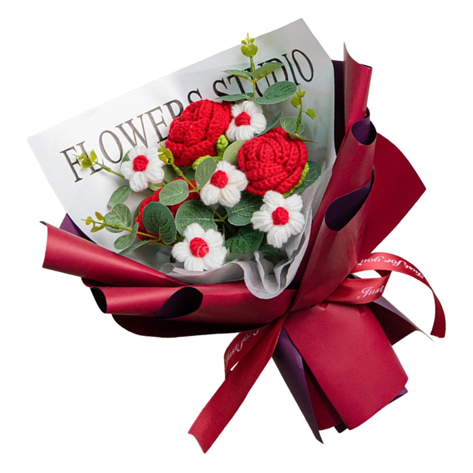 TWISAXC Handmad Crochet Bouquet Beautifully Crafted Fresh And Decorative Flower Arrangement As Table Centerpiece Wedding Party Ornament Flower Arrangement Fake Bouquet Spring, Red, 35x30cm