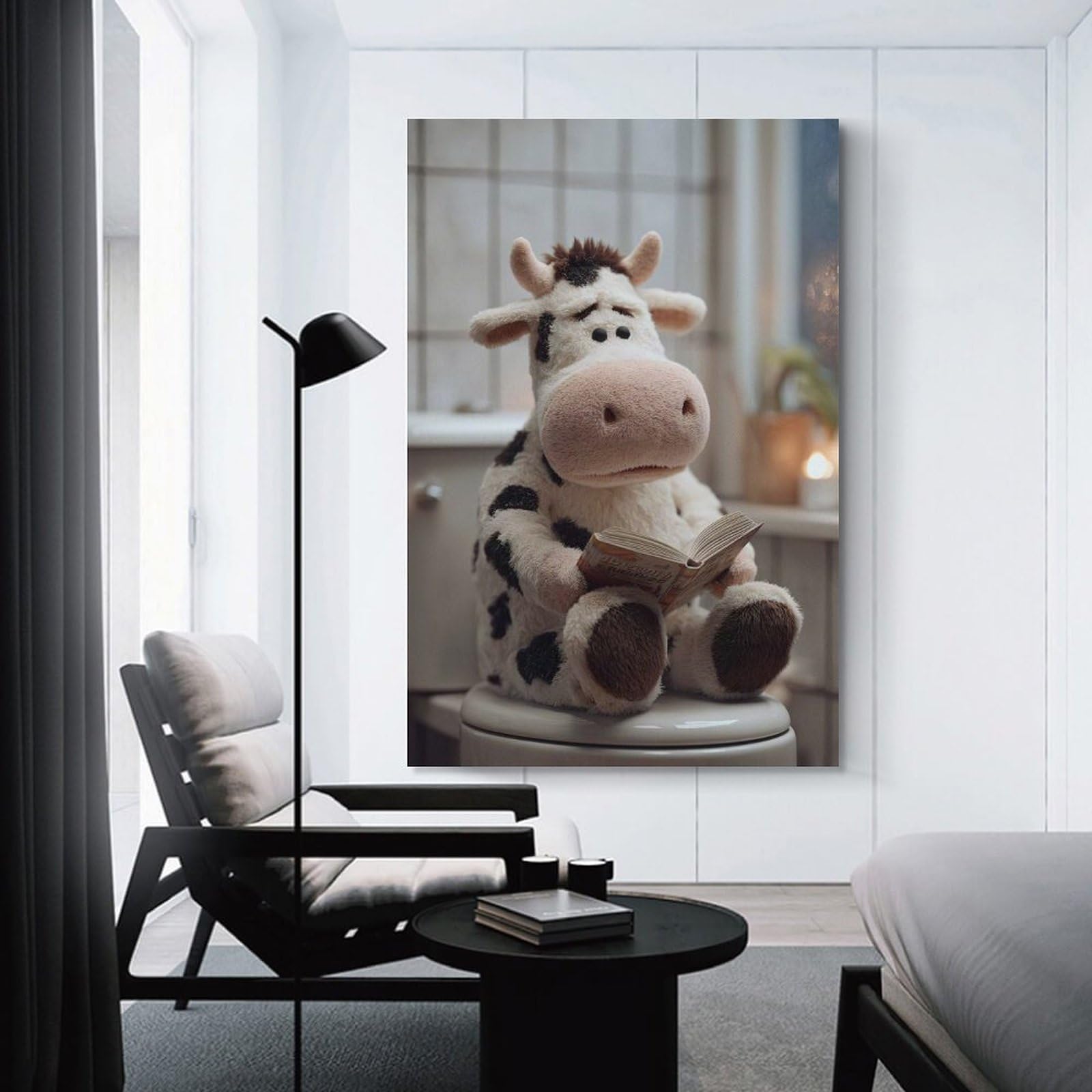 Junmoney Stuffed Cow Reading on Toilet Home Decor Wall Art 24x36inch(60x90cm), for Gallery Wall Layouts in Home Or Office, A Versatile Canvas Print for Layering