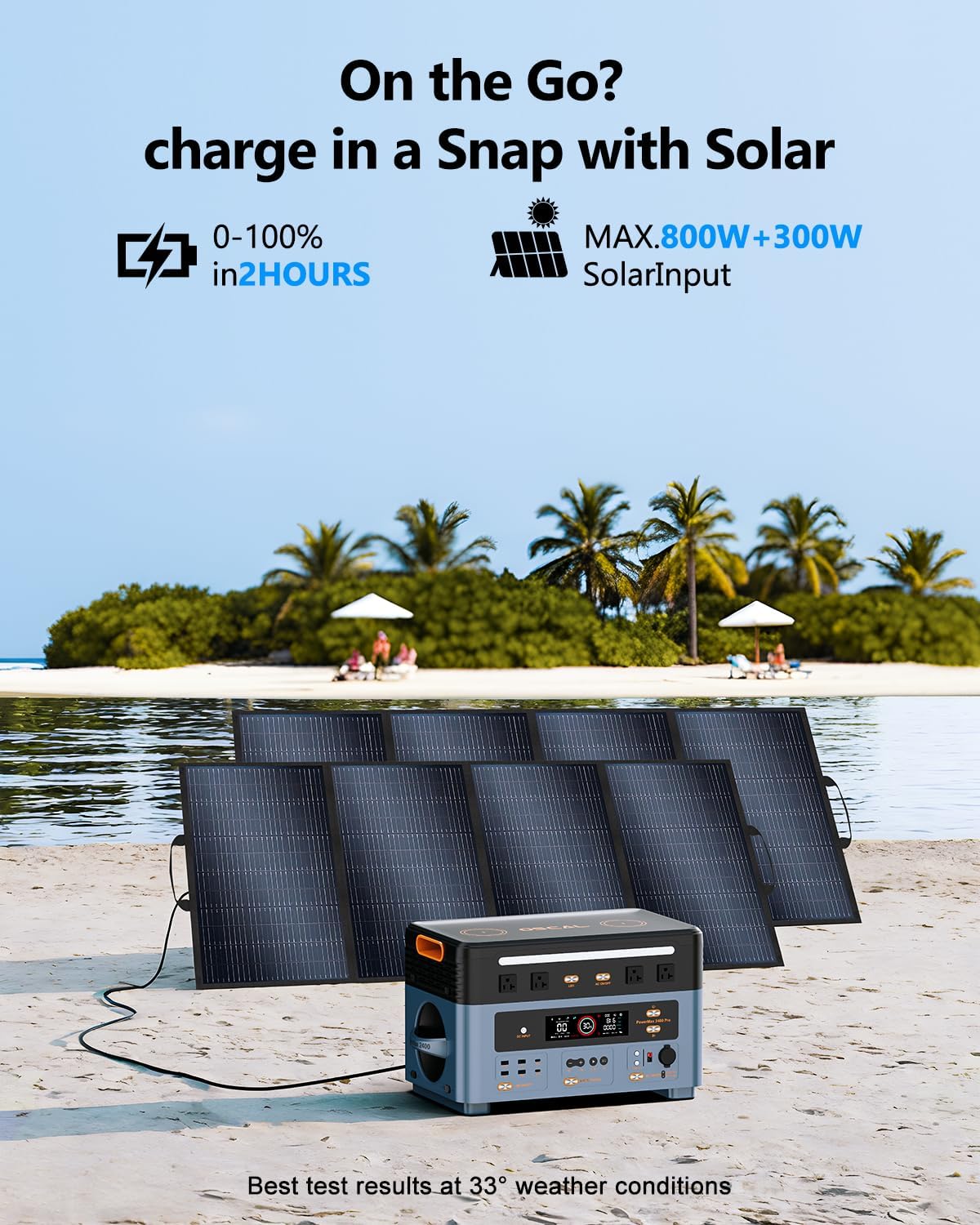 PowerMax 2400 being charged by solar panels on a beach
