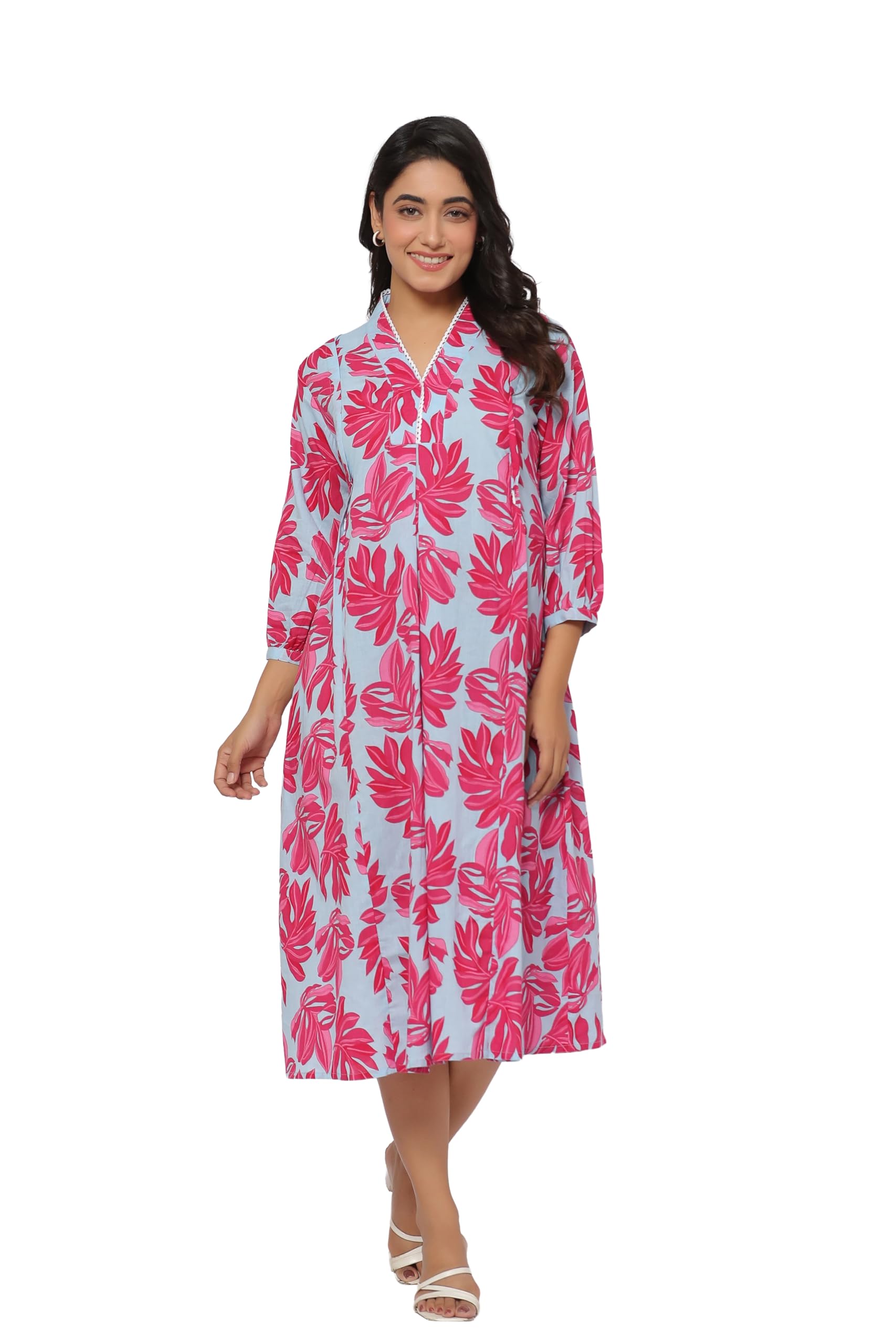 Pre & Post Maternity/Nursing Wear Hand Printed Kurta Cum Midi Dress/Nighty with Both Sides Zipper Easy Feeding to Be Moms & Nursing Mothers Cotton Cool Grey Leafy-image-23