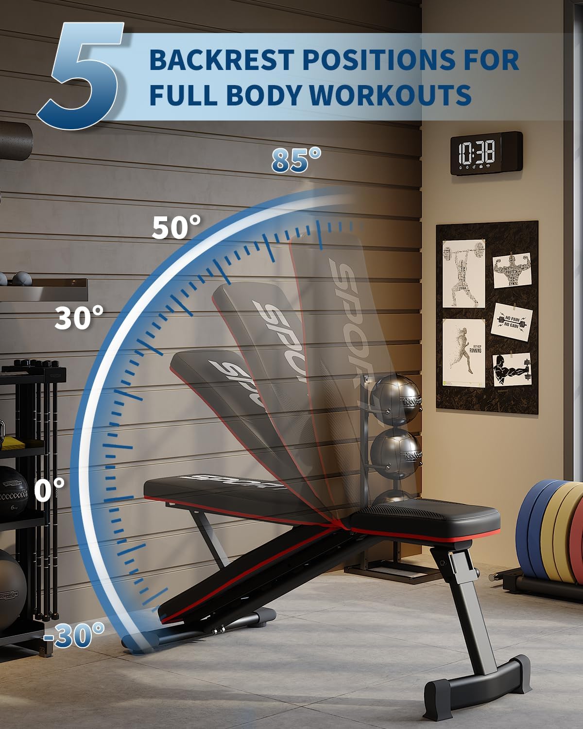Diagram showing 5 backrest positions of the HarmonyHealth weight bench.