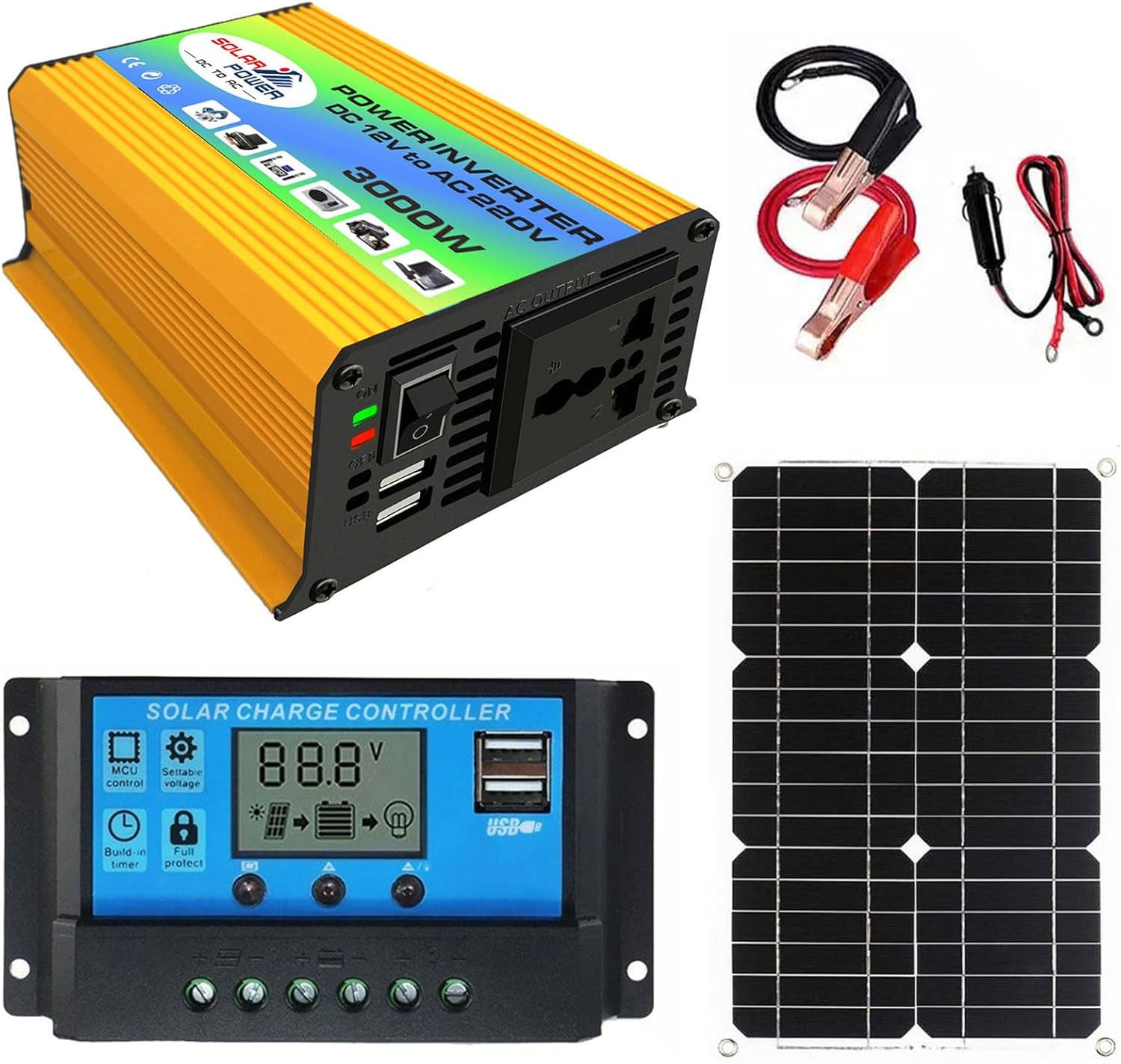 3000W Solar Energy Kit - Complete Set with 18W Waterproof Panel, 30A Smart Charge Controller, and Dual Ports