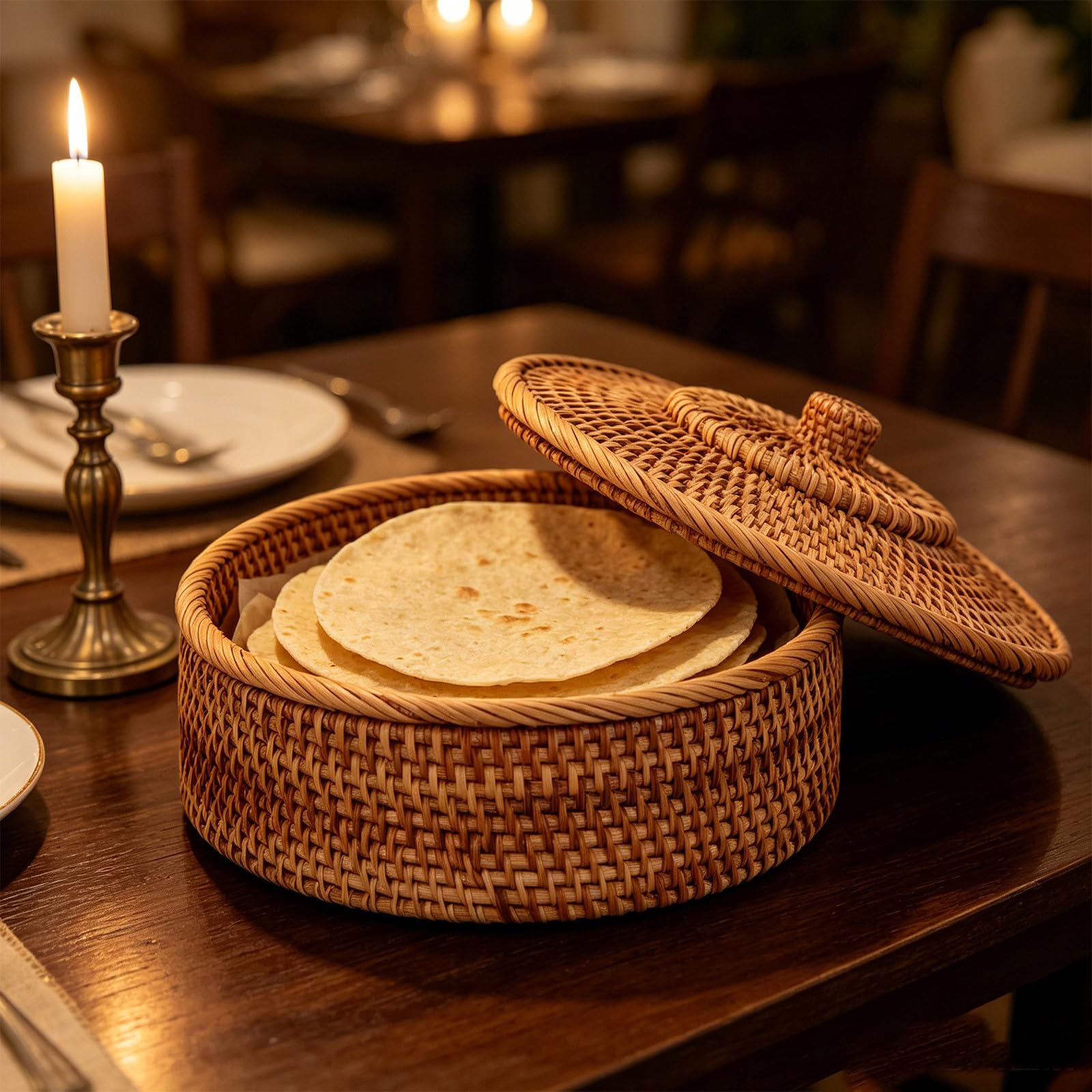 Koszyk do podgrzewania pieczywa - 10-calowy koszyk z pokrywką z rattanu na tortille z zakwasem - pleciony pojemnik do podgrzewania naleśników na meksykańskie przyjęcie Taco Tuesday