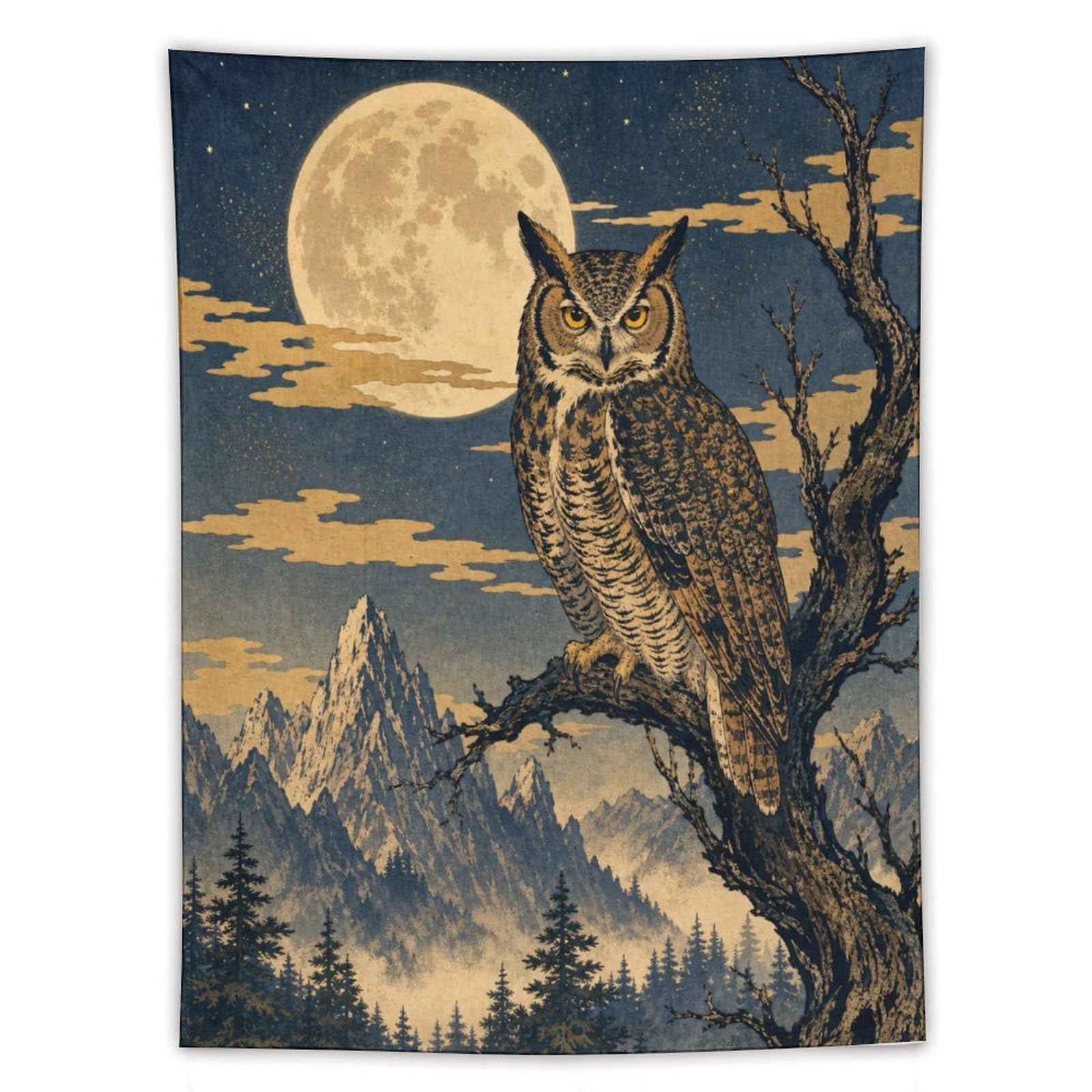 W7C8U2X3 Moon Owl on Branch Wall Tapestry, Realistic Illustration Style