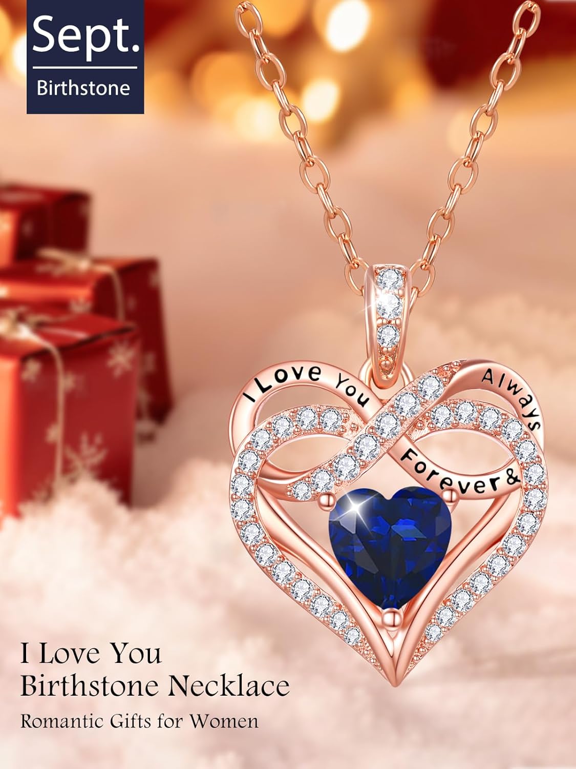 Infinity Rose Gold Valentines Heart Birthstone Necklace for Women,I Love You Always and Forever Jewelry,Valentines Anniversary Birthday Gifts for Her Wife Mom Grandma Daughter - Image 3