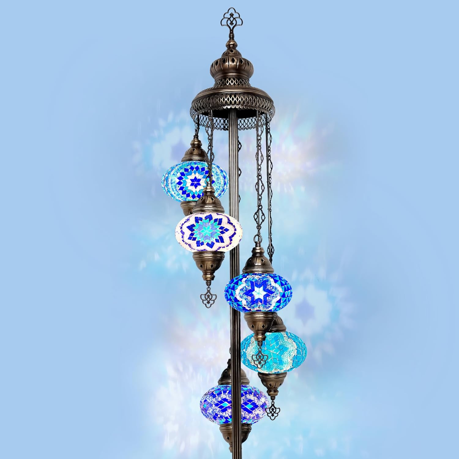 Turkish Mosaic Glass Big 7'' 5 Globe, Bohemian Floor Lamp with Stained Glass Shade - Unique Art Deco Corner Light - Moroccan Design - Tiffany Style Nightstand Lamp for Living Room (Blue Different)