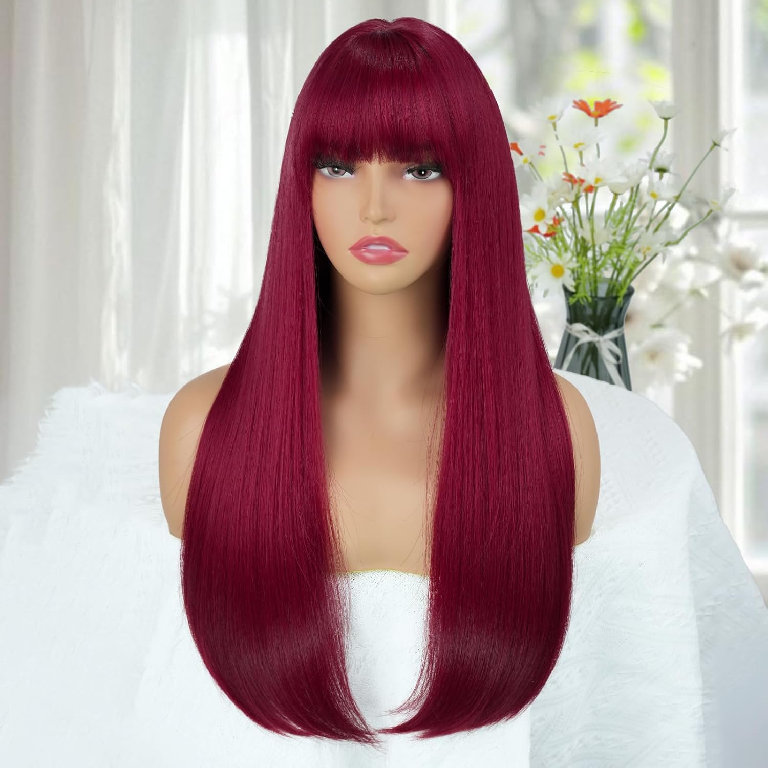 Red Hair Wigs for Women Long Straight Dark Bunrgundy Wig with Bangs Heat Resistant Synthetic Colored Wigs for Girls Daily Party Cosplay Halloween Costume Use 24 Inch (Burgundy)
