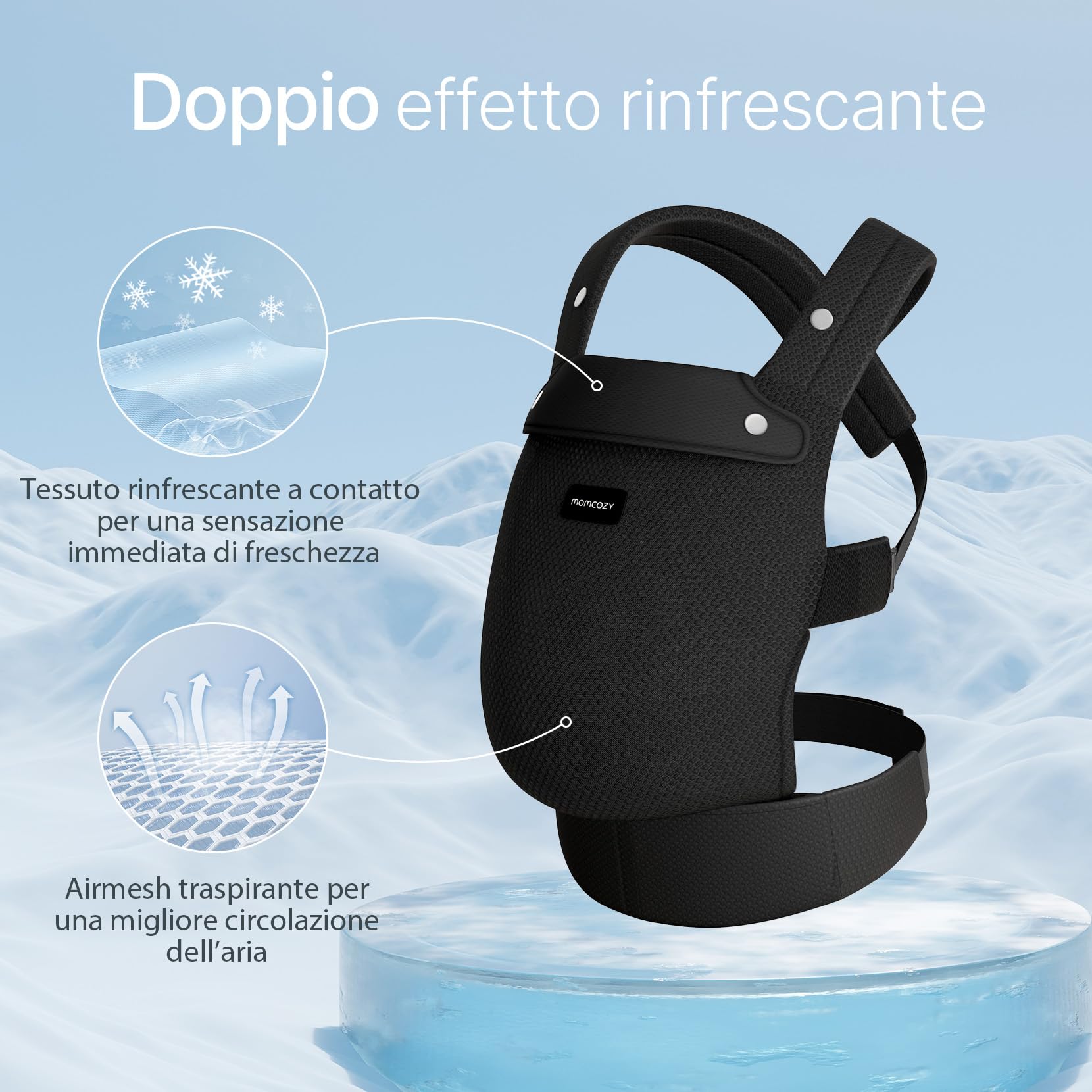 Momcozy Marsupio Traspirante in Rete, Ergonomico e Leggero, per 3,2 a 20kg(3-24 mesi) con Supporto Lombare Rinforzato, Comfort per Tutto il Giorno per Genitori a Mani Libere, Air Mesh-Nero
