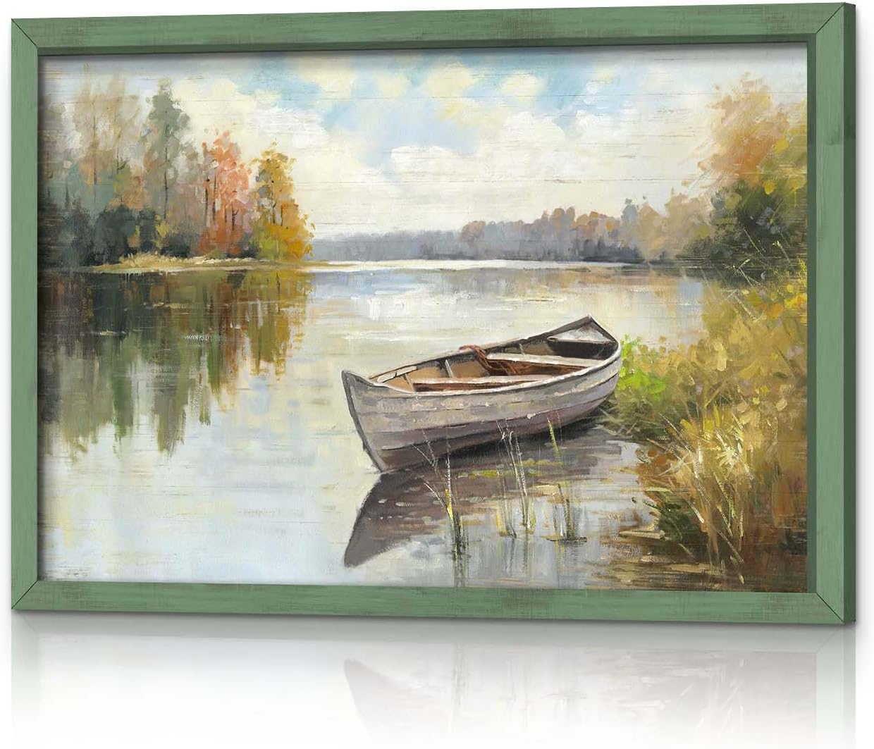 Farmhouse Landscape Framed Wall Art - Rustic Lake Painting Riverside Scenery Picture Nature Artwork Wooden Decor for Bedroom Home Office