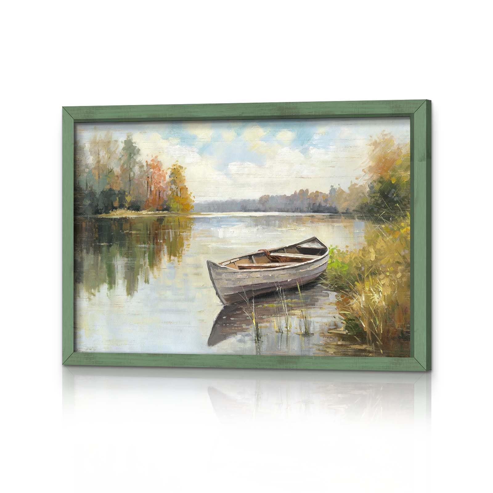 Farmhouse Landscape Framed Wall Art - Rustic Lake Painting Riverside Scenery Picture Nature Artwork Wooden Decor for Bedroom Home Office