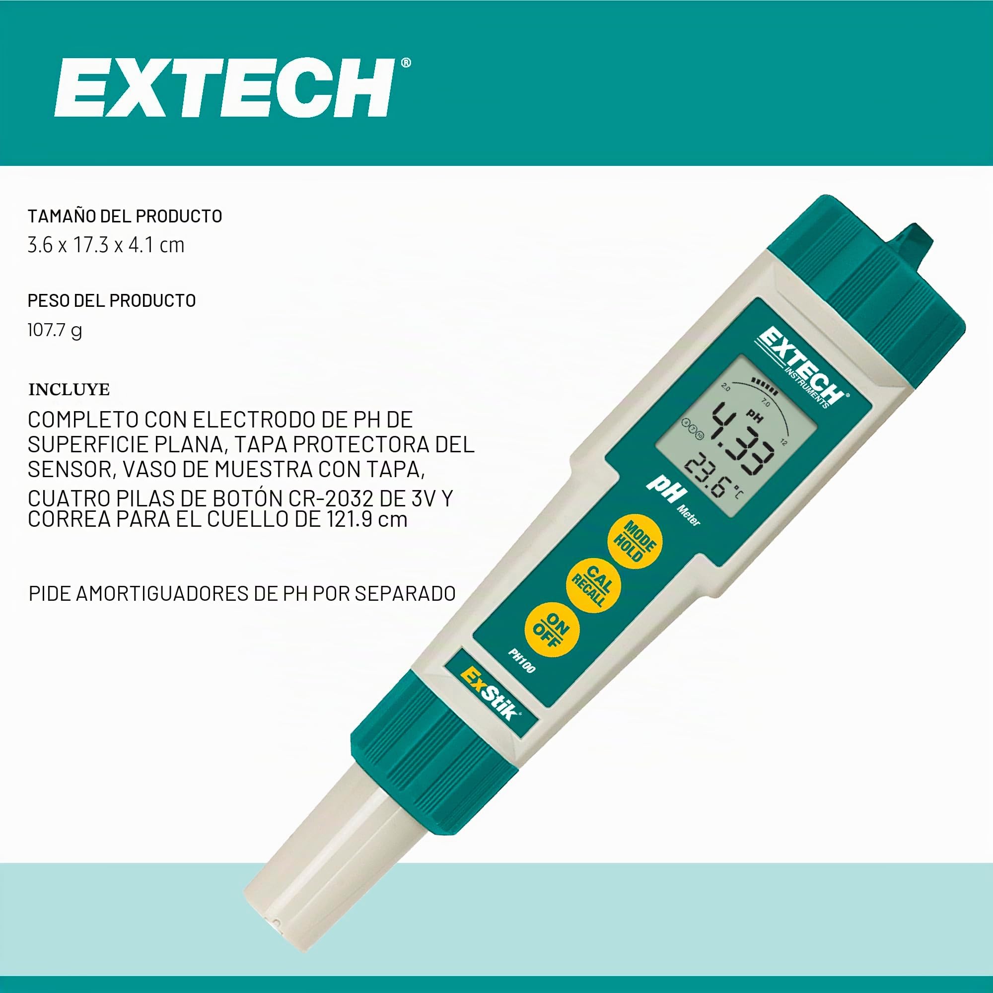 Extech PH100 Medidor a prueba de agua de 0,00 a 14,00 PH ExStik | pH 0,00-14,00, wasserdicht, ATC, Flachflächenelektrode, Temperaturanzeige, Auto-Abschaltung, Becher