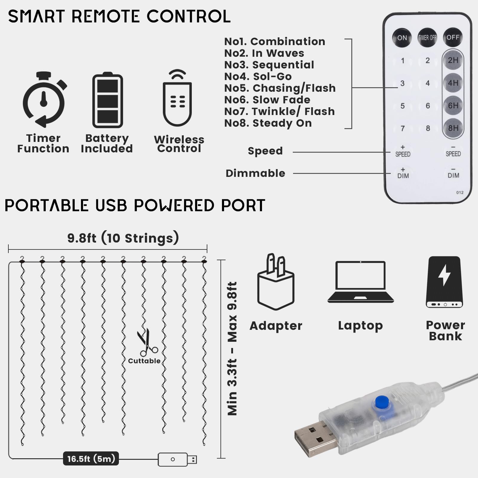 Rideau lumineux pour chambre à coucher, 2,9 x 2,9 m, rideau lumineux avec télécommande, 300 LED, 8 modes clignotants, prise USB pour toile de fond, fenêtre, mur, intérieur et extérieur (blanc