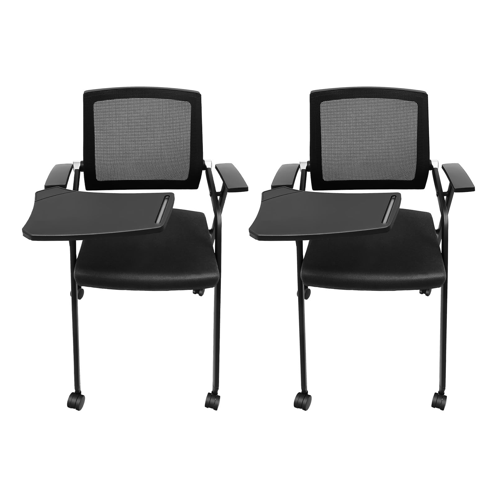 2-Pack Reception Chairs with Tablet Arm & Wheels Black Folding Office Guest Chairs for Waiting Room Conference Room Training Room Mesh Back, Padded