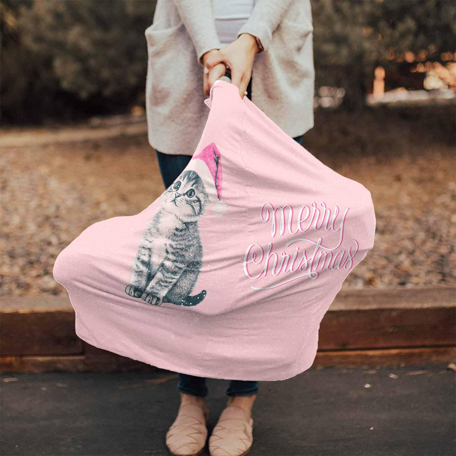 Nursing Cover for Breastfeeding Scarf, Merry Christmas Santa Hat Cat Pink Baby Car Covers Super Soft Multi Use for Canopy Shopping Cart Cover Blanket Stroller Cover