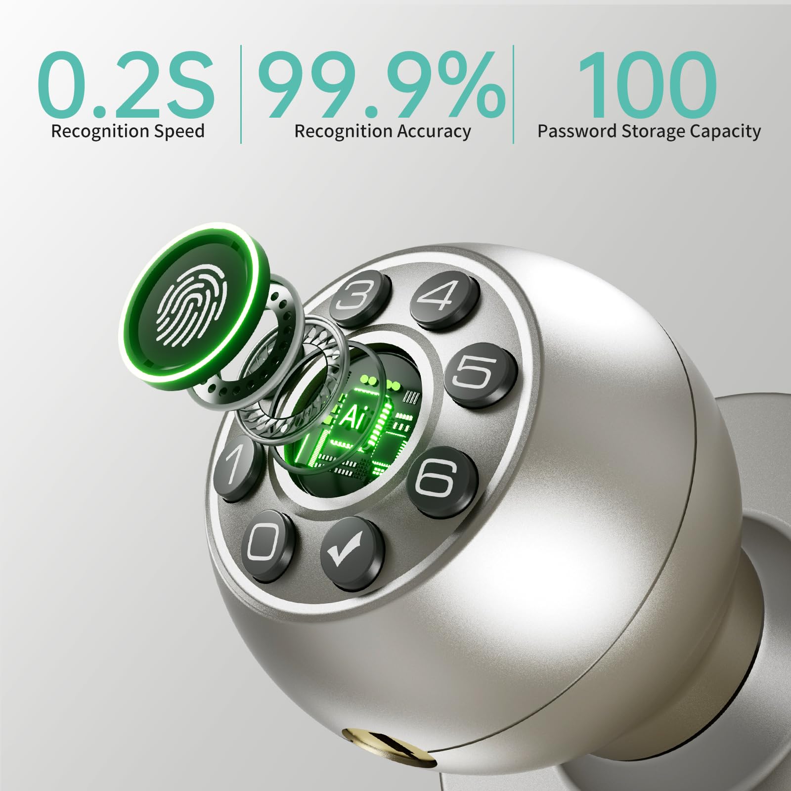 Serrure de porte à empreintes digitales – Bouton de porte intelligent, serrure de porte biométrique avec clavier et code de passe pour chambre à coucher, bureau à domicile (argenté)