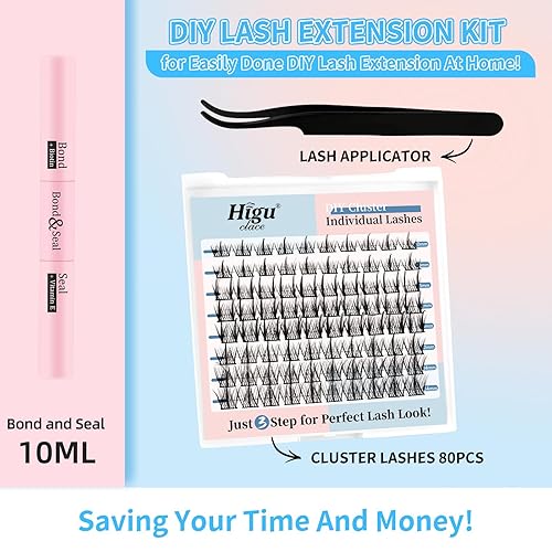 Miniatura 2 de Higu - Kit de extensión de pestañas para bricolaje, 80 racimos de pestañas rizadas D, con unión y sello de pestañas de sujeción fuerte, pinzas