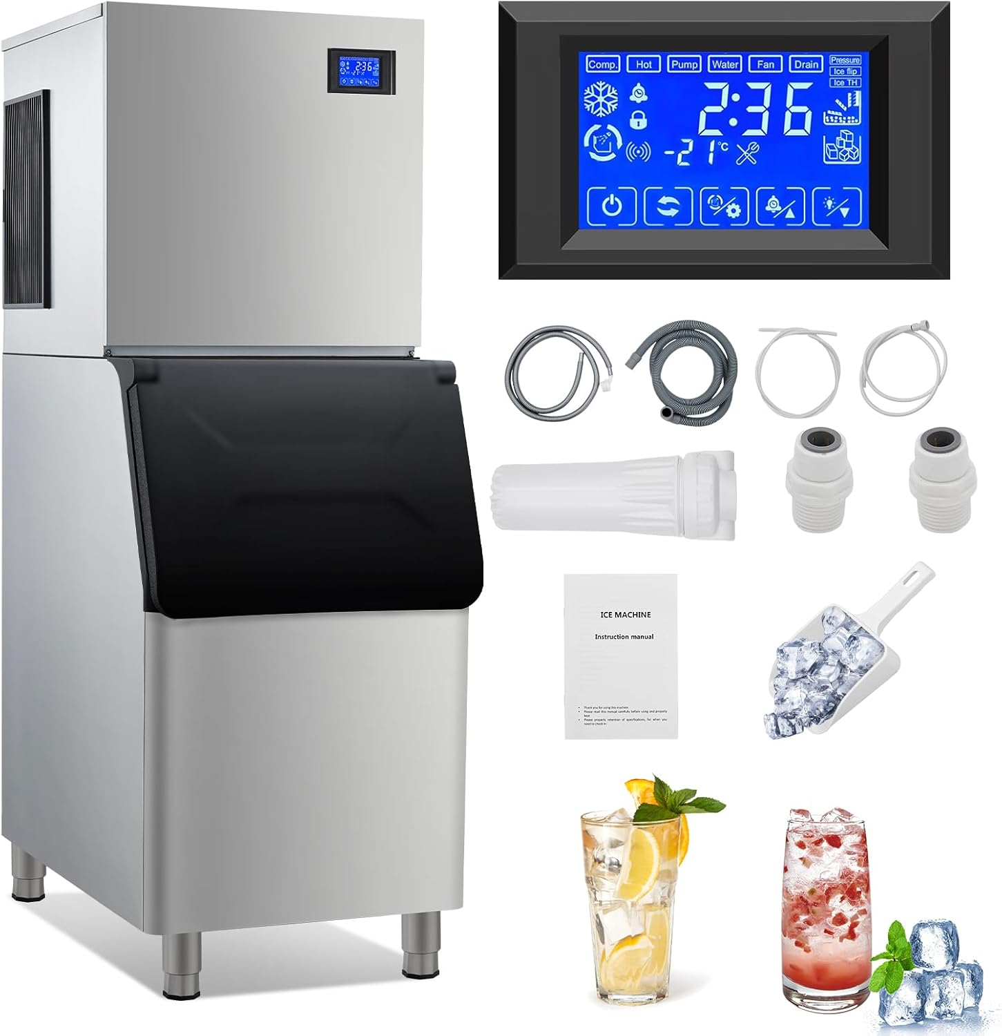 Pioneerworks Commercial Ice Maker Machine, 350Lbs/24H, 310Lbs Storage Bin, Stainless Steel Ice Machine with LED Panel, Auto Self-Cleaning for Bar/Cafe/Home/Business, Include Ice Scoop, Connection Hose