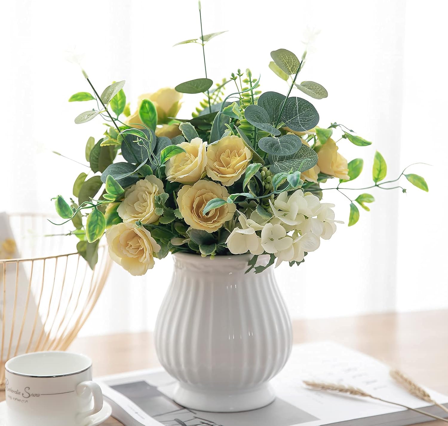 Artificial Flowers in Vase Silk Rose Bouquets Flowers Arrangements for Kitchen Table Centerpiece, Fake Faux Silk Flowers for Room Decor (Yellow)