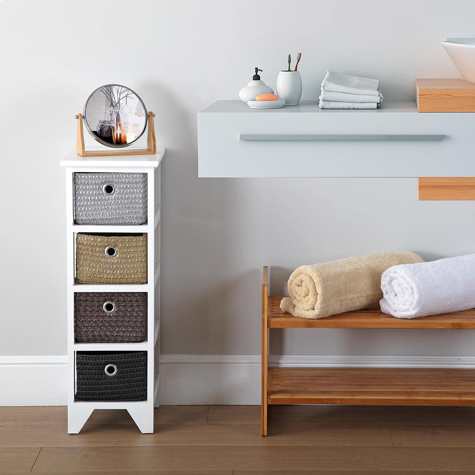 Versa Lingbo Mueble para el Baño Auxiliar, Cajonera con 4 cajones para organizar, Almacenaje Moderno y Divertido, Medidas (Al x L x An) 72 x 30 x 25 cm, Madera y Plástico, Color Blanco
