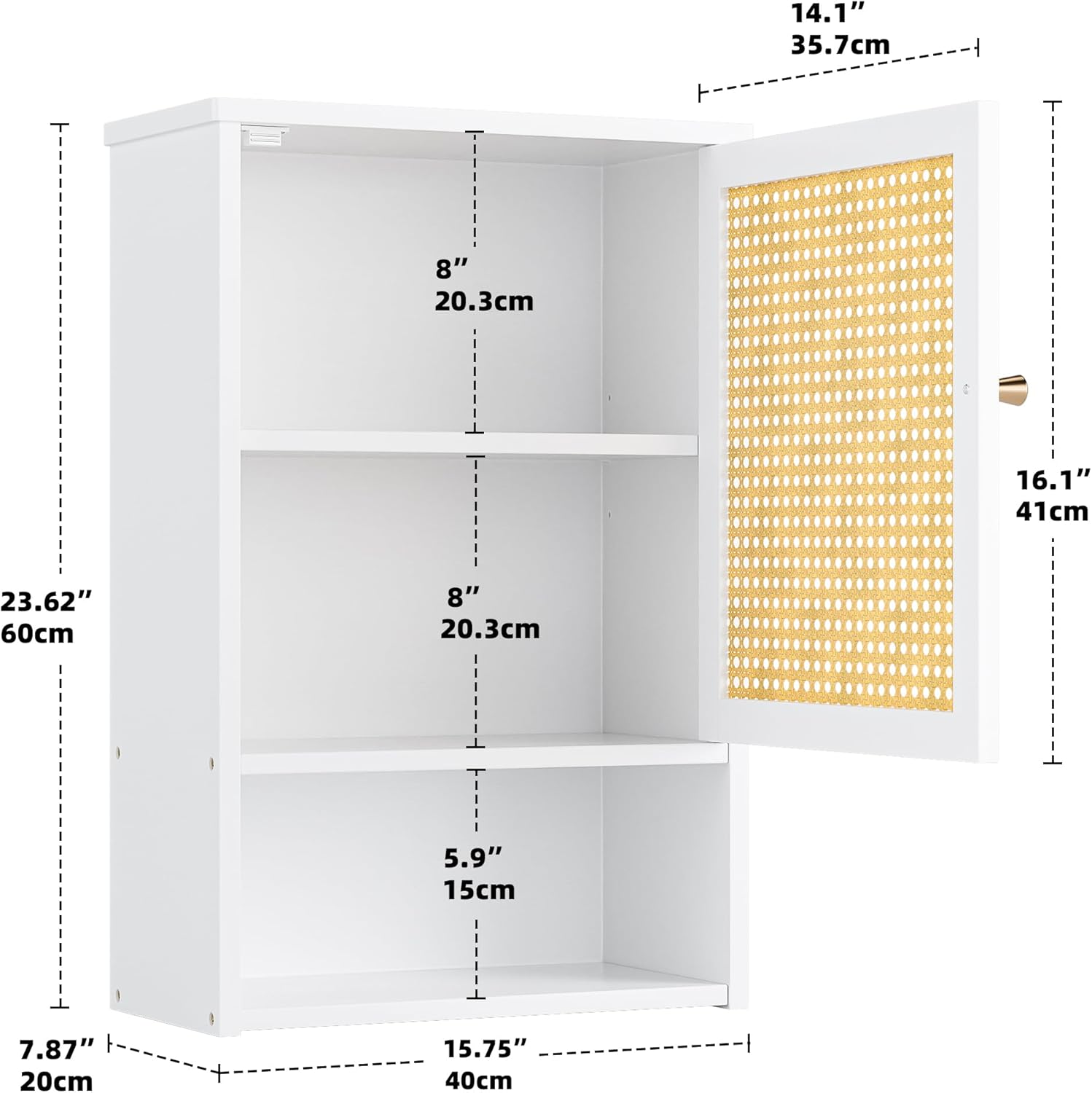 Bathroom Wall Cabinet, Bamboo Over-The-Toilet Storage Organizer with Rattan Doors and Adjustable Shelf, Space Saver Medicine Cabinet for Laundry, Kitchen, Living Room (White)