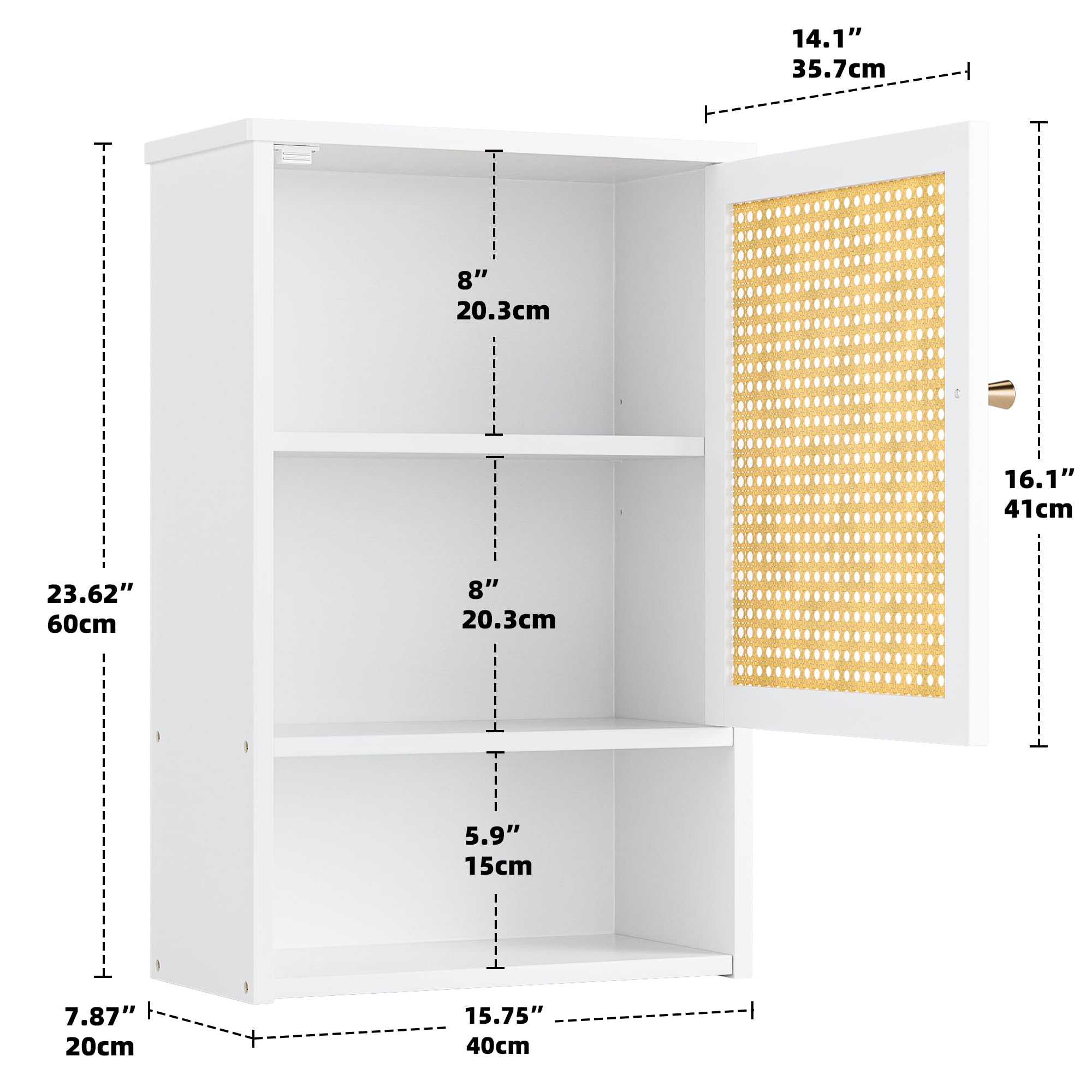 Badezimmer-Wandschrank, Bambus-Aufbewahrungsorganisator über der Toilette mit Rattantüren und verstellbarem Regal, platzsparender Medikamentenschrank für Wäsche, Küche, Wohnzimmer (Weiß)