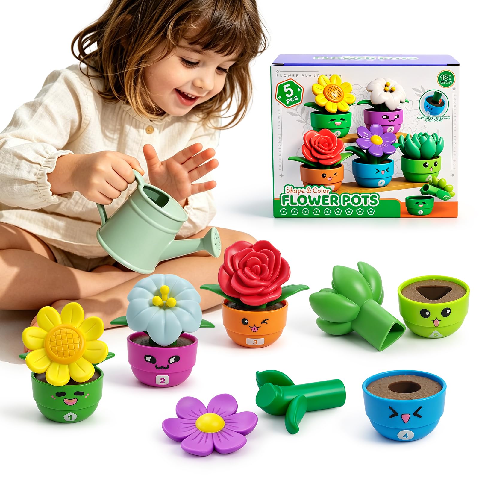 Ninigai Montessori Toddler Flower Toy, Bloom & Learn Garden Set with 5 Shape & Color & Number Flowers, Sensory Pretend Toys for Preschool Early Learning, Toddlers Gift for 1 2 3 Girls & Boys