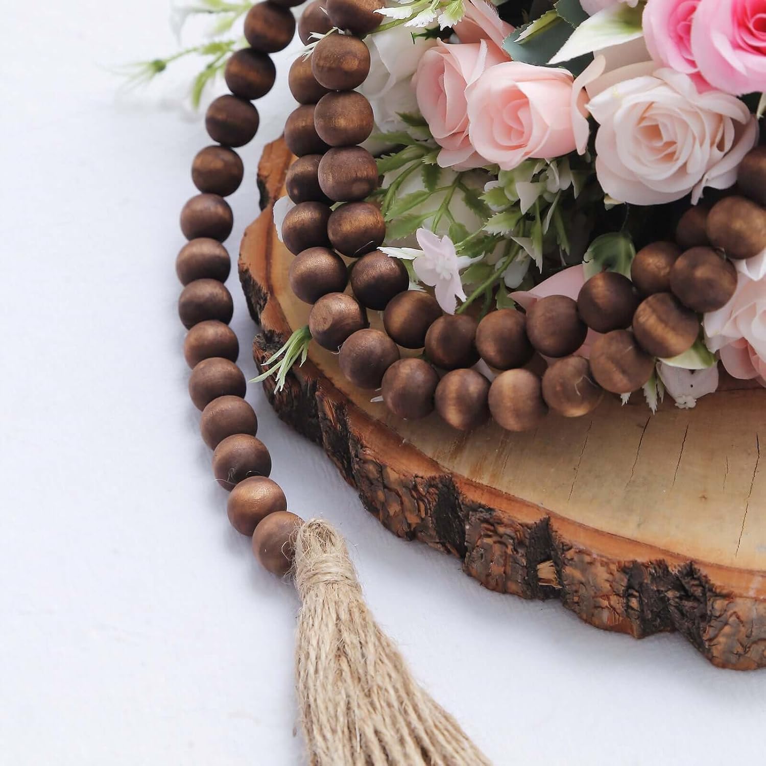 Efavormart 10 PCS Farmhouse Decor 55" Brown Prestrung Wood Bead Garland with Tassels Rustic Country Boho Decor Prayer Wood Beaded Chain Big Wall Hanging Decor for Home Party Indoor& Outdoor Events