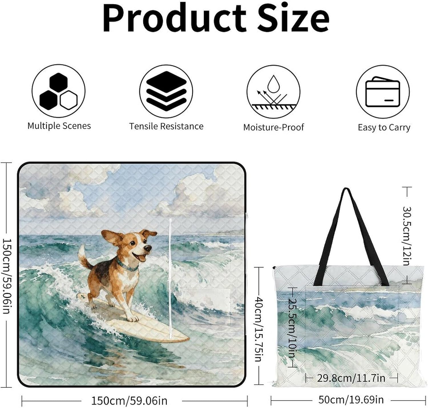 Happy Doggies Picnic Blanket with Zipper Water Resistant Sand Free Picnic Mat Washable Foldable Easy Carry Beach Blanket for Lawn Beach Hiking Camping