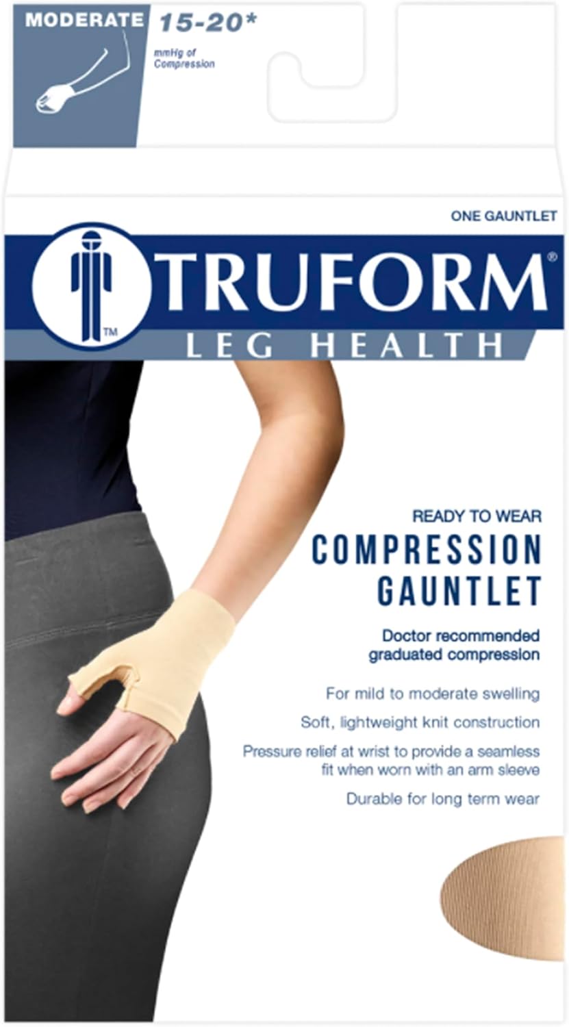 Truform Lymphedema Compression Gauntlet, 15-20 mmHg Post Mastectomy Support, Beige, Medium
